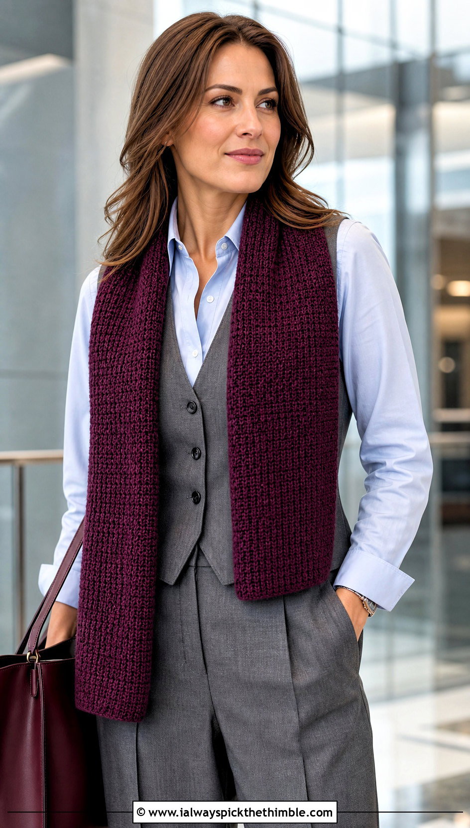Tunisian Crochet Scarf With Vest And Tailored Pants - 20 Beautiful Crochet Scarf outfit ideas