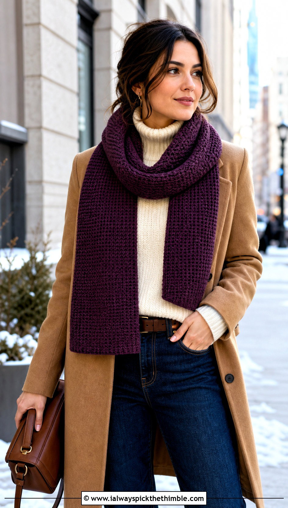 Tunisian Crochet Scarf With Wool Coat And Dark Jeans - 20 Elegant Crochet Scarf outfit ideas
