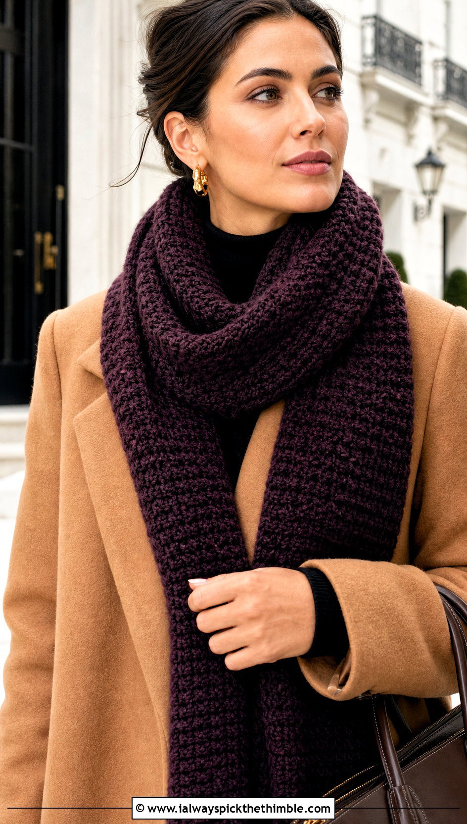Tunisian Crochet Scarf With Wool Coat - 15 Crochet Fancy Scarf outfit ideas