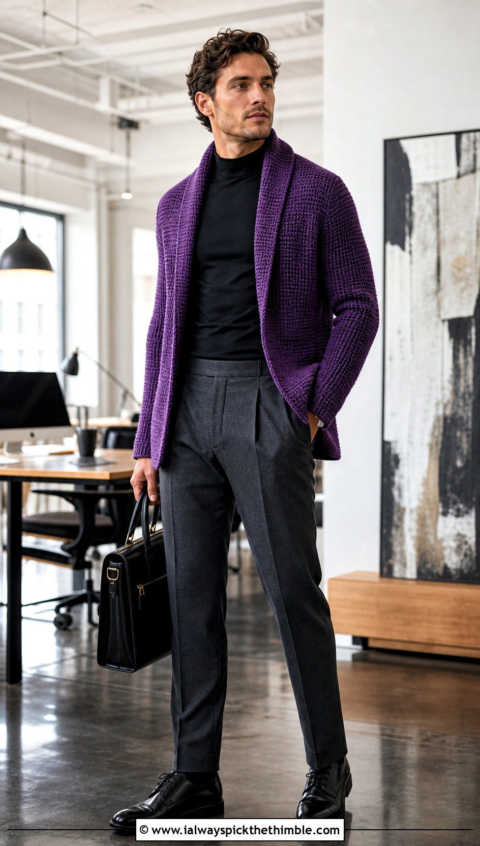 Tunisian Crochet Shawl Collar Cardigan With Tailored Trousers - 20 Mens Crochet Shawl Collar Cardigan outfit ideas