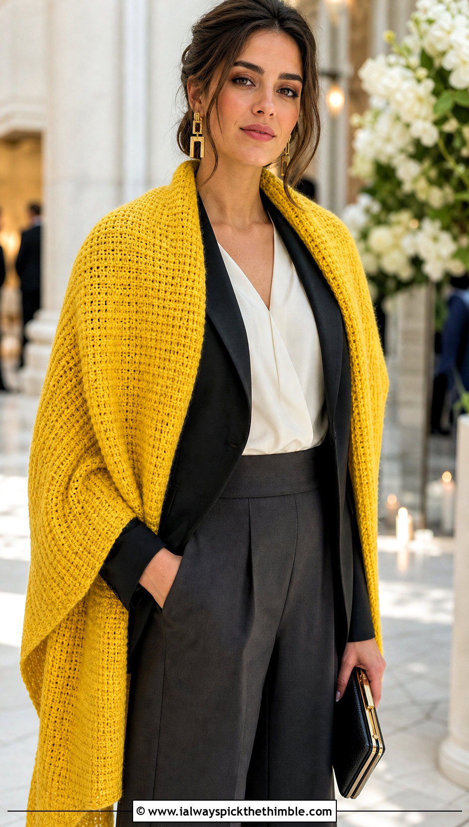 Tunisian Crochet Shawl With Wide Leg Trouser Outfit - 15 Winter Wedding Crochet Shawl outfit ideas