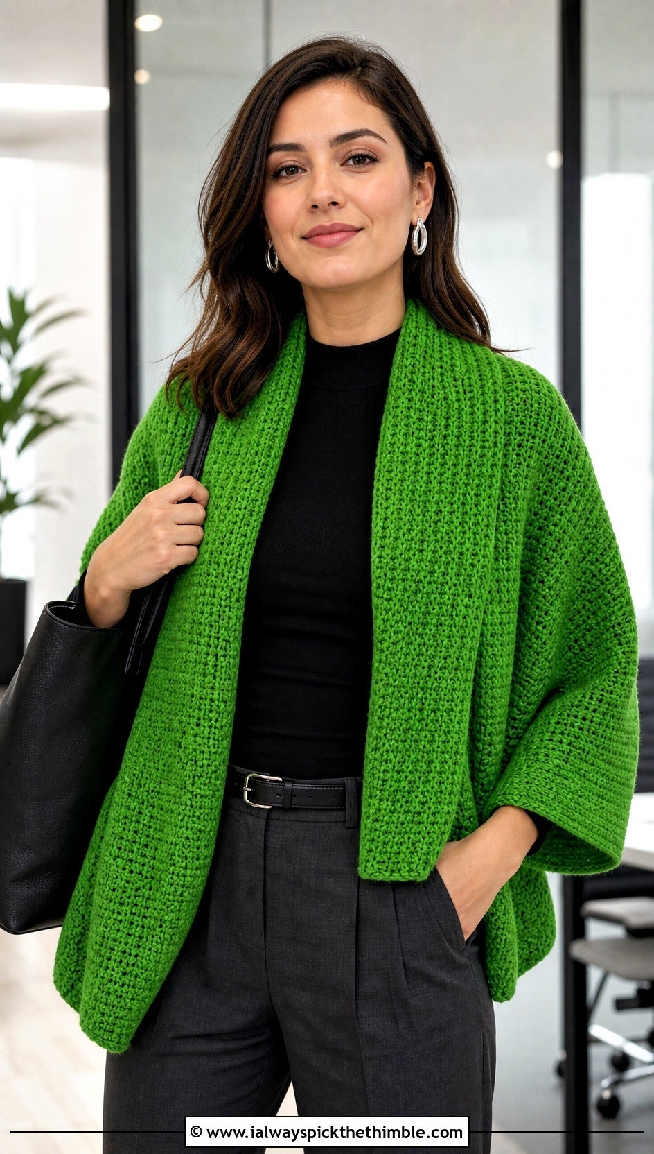 Tunisian Crochet Sleeve Scarf With Tailored Trousers - 20 crochet sleeve scarf outfit ideas