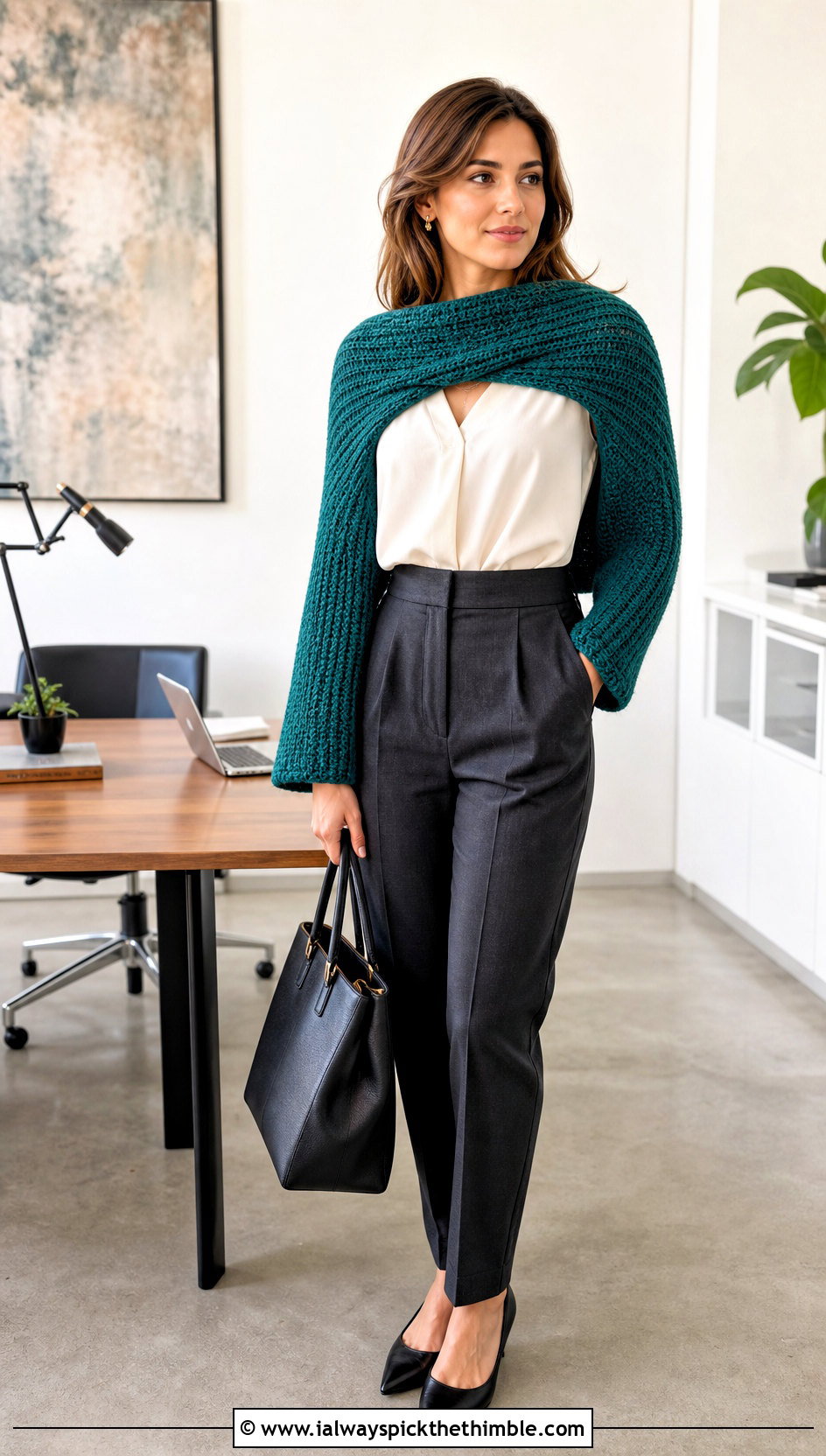 Tunisian Crochet Sleeve Scarf With Tailored Trousers - 20 crochet scarf with arms outfit ideas