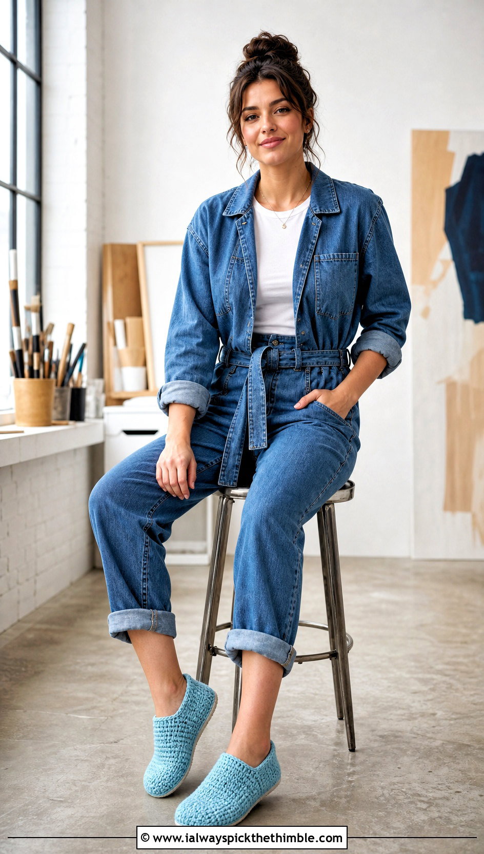 Tunisian Crochet Slippers With Denim Jumpsuit - 20 simple crochet slippers outfit ideas