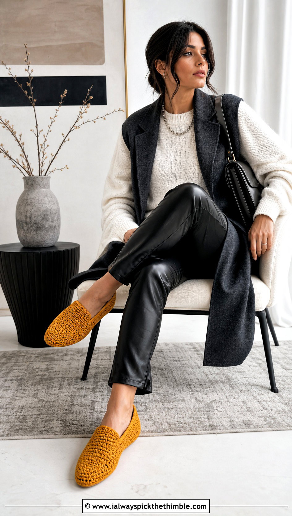 Tunisian Crochet Slippers With Faux Leather Pants - 20 Easy Crocheted Slippers outfit ideas
