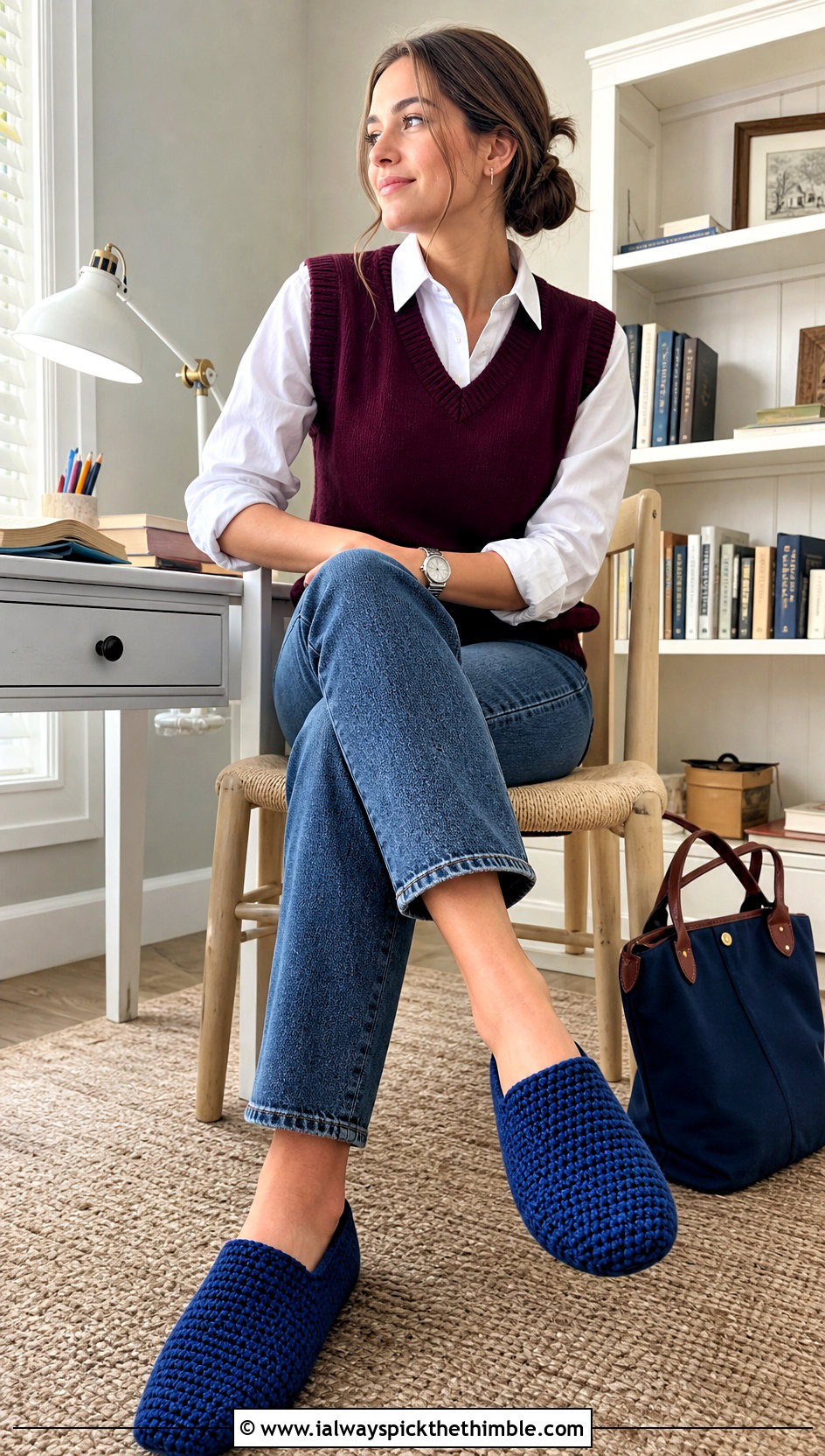 Tunisian Crochet Slippers With Sweater Vest And Jeans - 25 crochet slipper outfit ideas