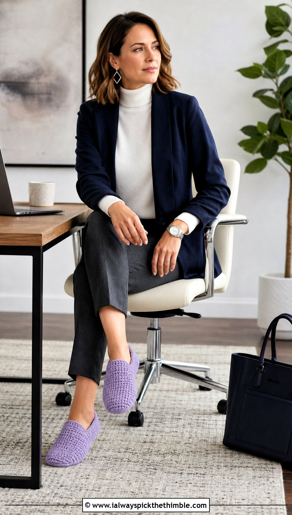 Tunisian Crochet Slippers With Tailored Trousers And Turtleneck - 20 crochet winter slippers outfit ideas