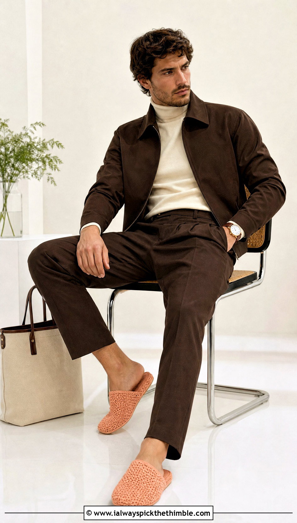Tunisian Crochet Slippers With Turtleneck And Pleated Pants - 20 crochet slippers for men outfit ideas