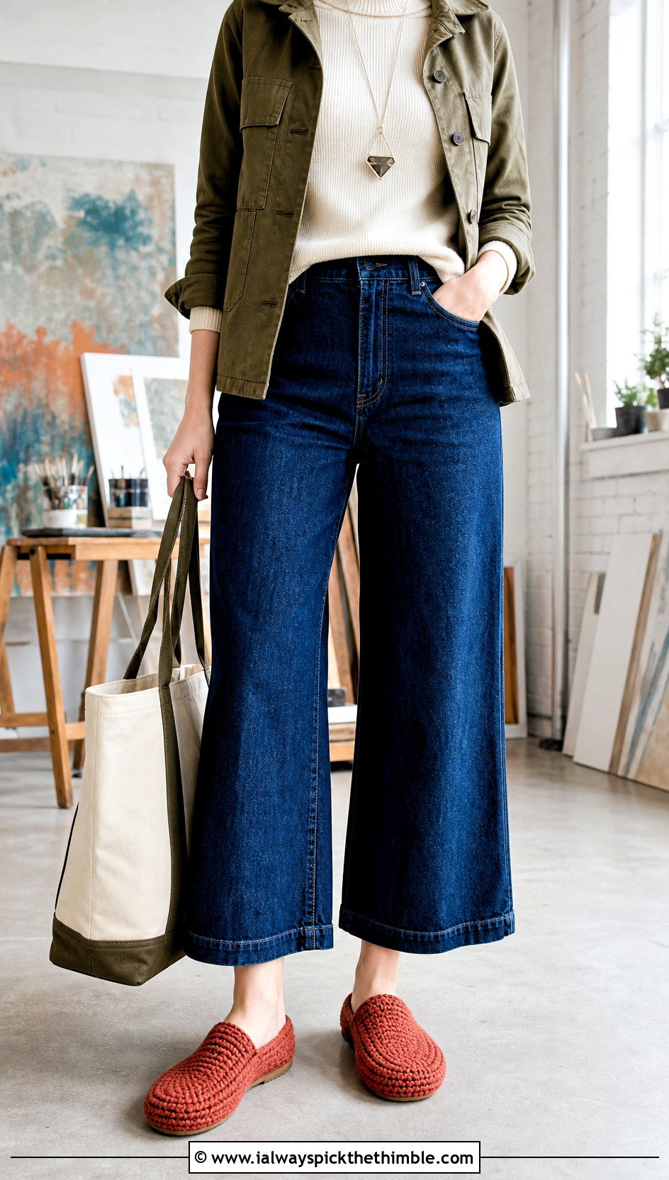 Tunisian Crochet Slippers With Wide Leg Jeans - 25 crochet slippers outfit ideas