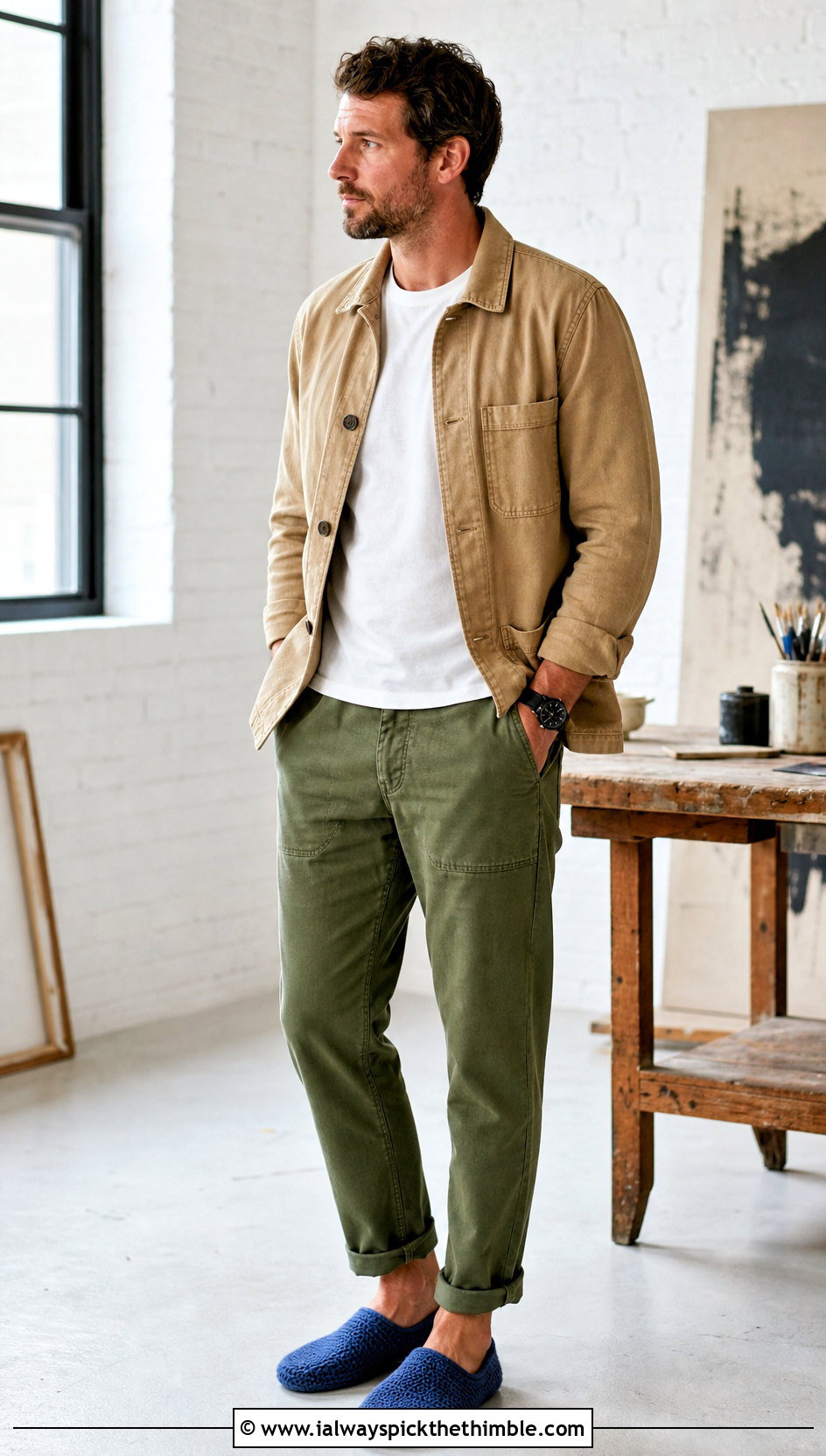 Tunisian Crochet Slippers With Workwear Jacket - 20 crochet men's slippers outfit ideas