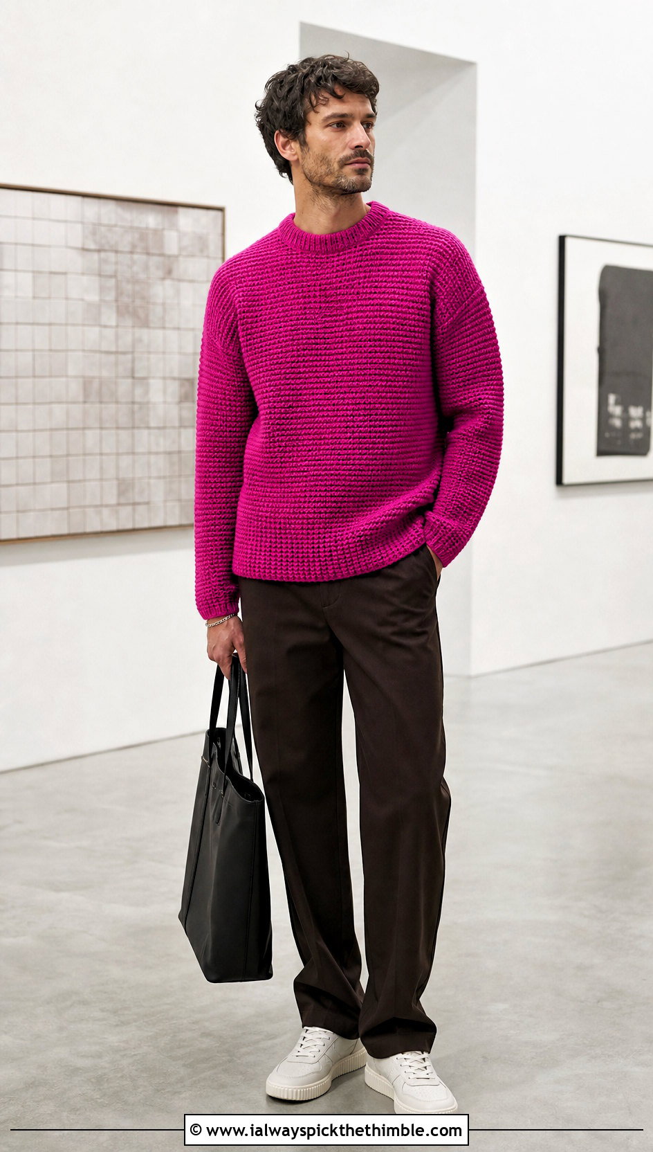 Tunisian Crochet Sweater With Minimalist Trousers - 25 crochet mens sweater outfit ideas