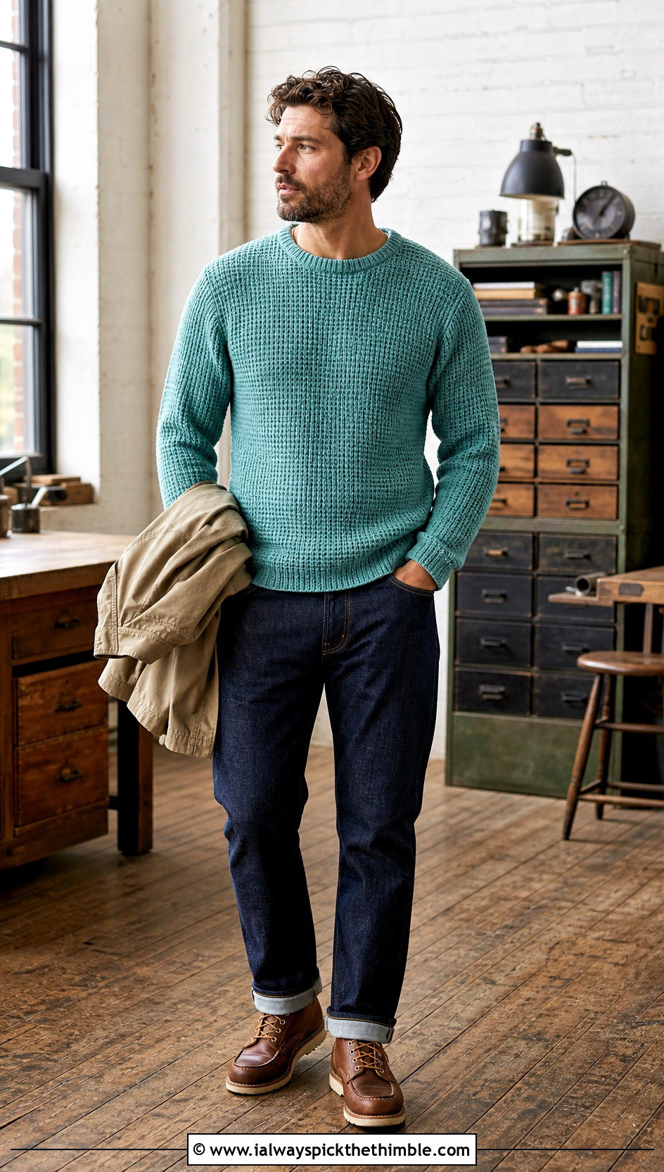Tunisian Crochet Sweater With Selvedge Jeans - 25 crochet sweater for men outfit ideas