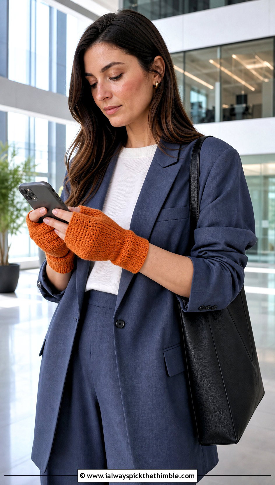 Tunisian Crochet Texting Gloves With Blazer And Trousers - 15 Crochet Texting Gloves outfit ideas