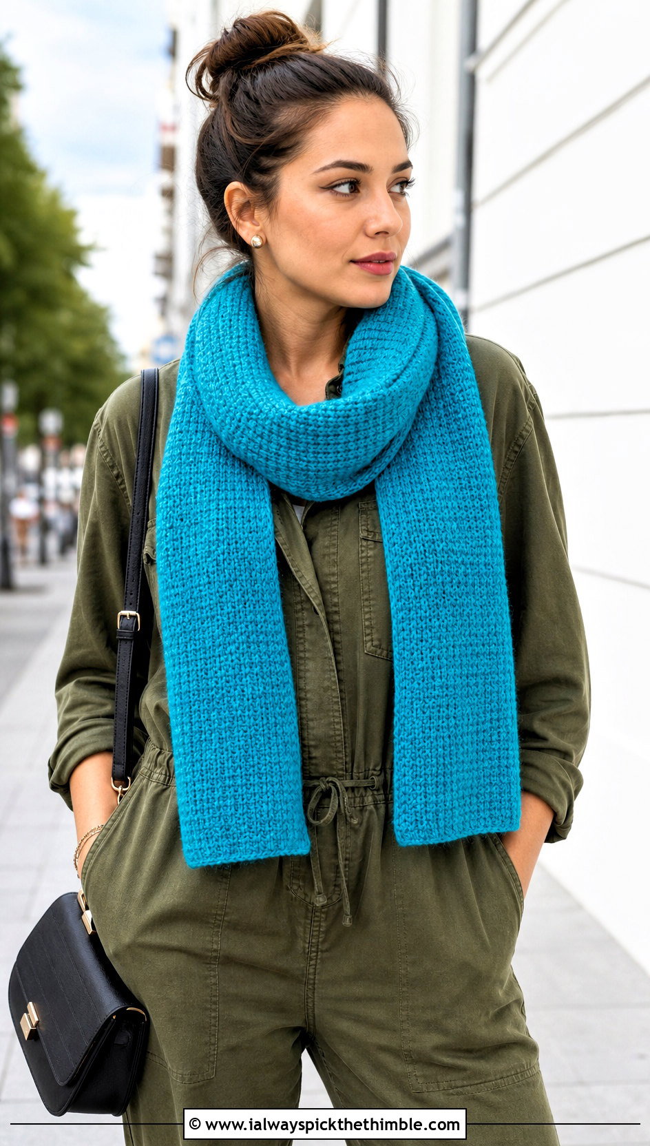 Tunisian Crochet Textured Scarf With Utility Jumpsuit - 20 Crochet Textured Scarf outfit ideas