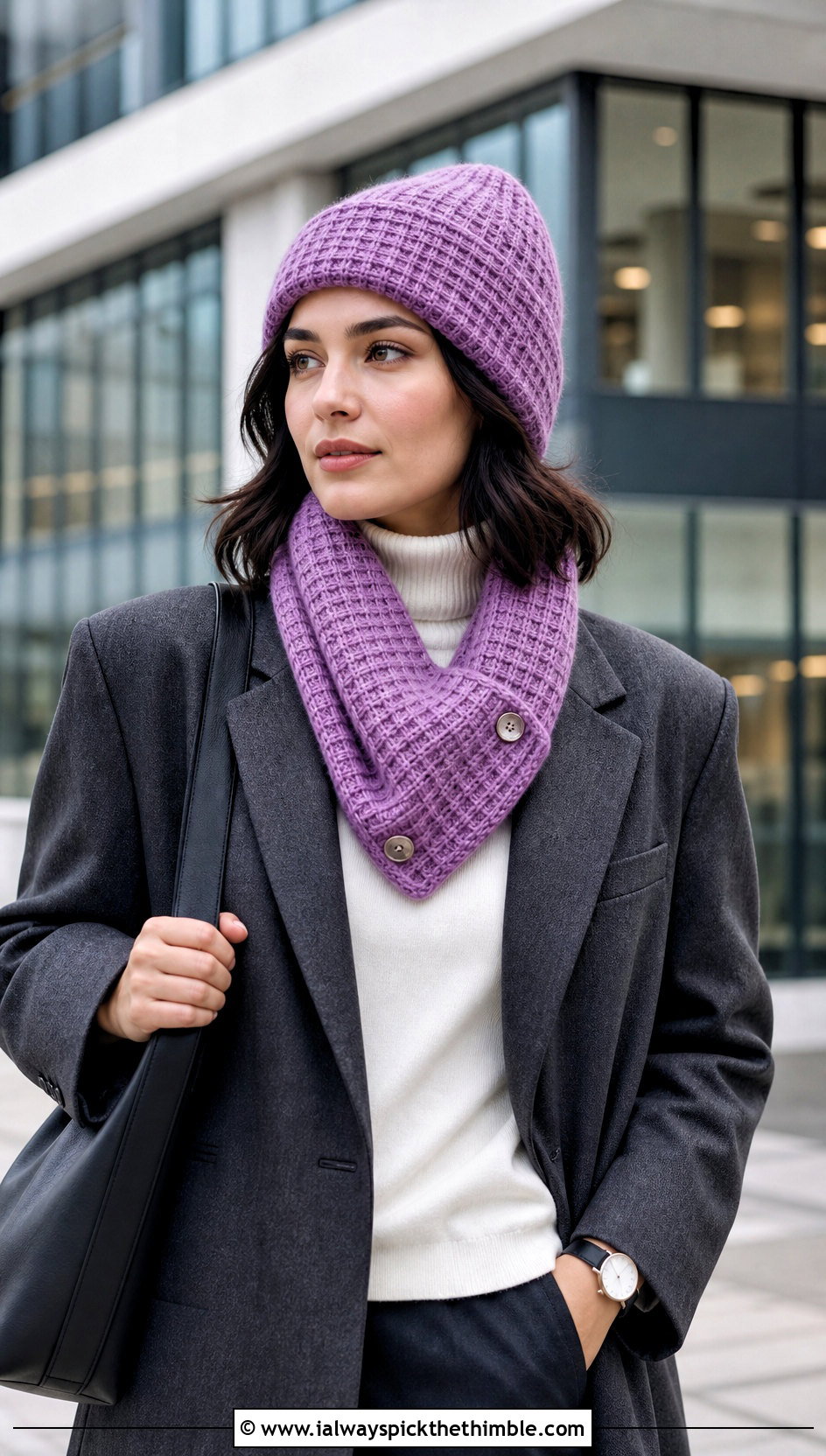 Tunisian Crochet Toque And Buttoned Infinity Scarf With Blazer - 25 crochet hat and scarf set outfit ideas