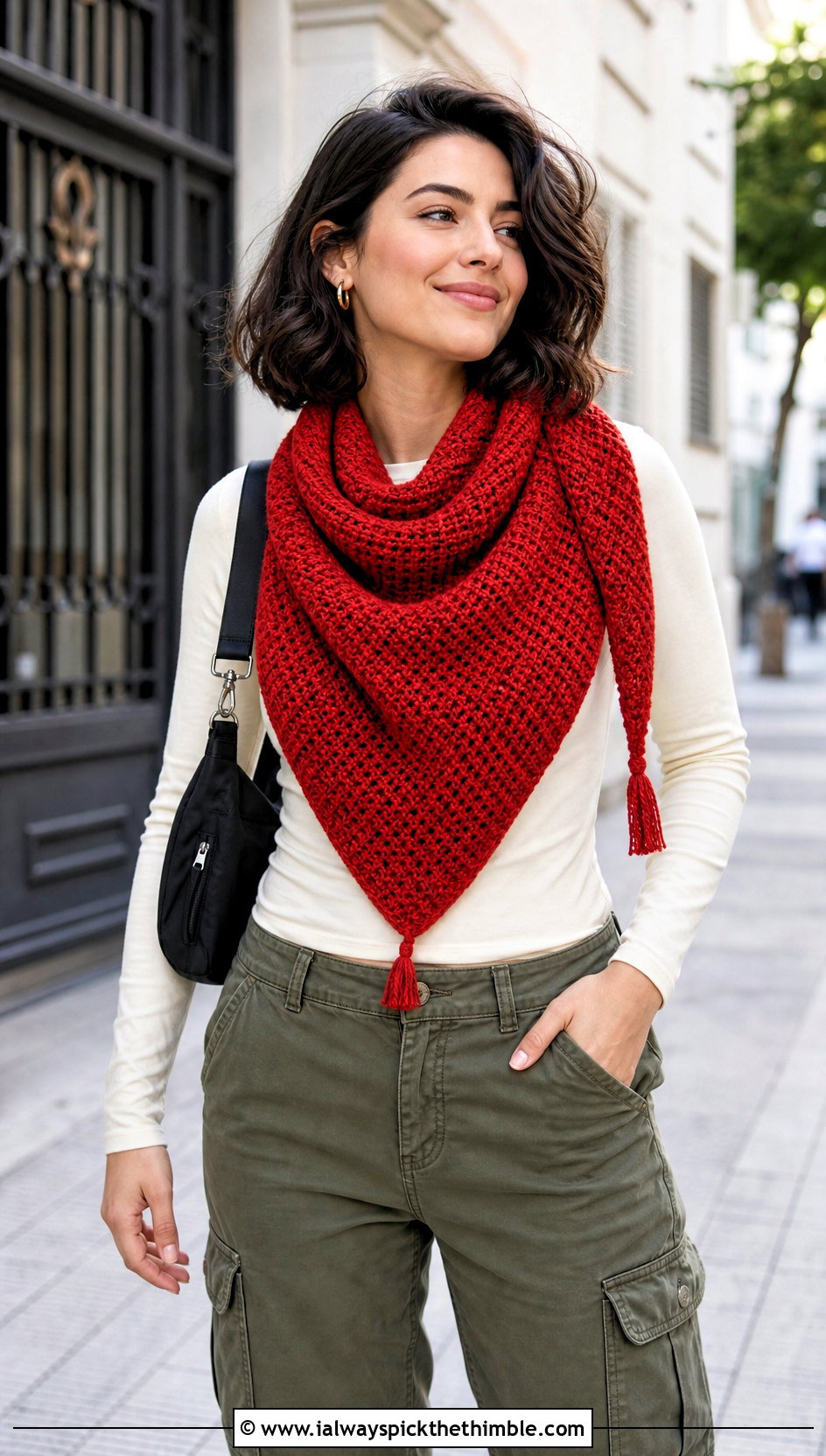 Tunisian Crochet Triangle Shawl With Cargo Pants - 20 one skein crochet shawl outfit ideas