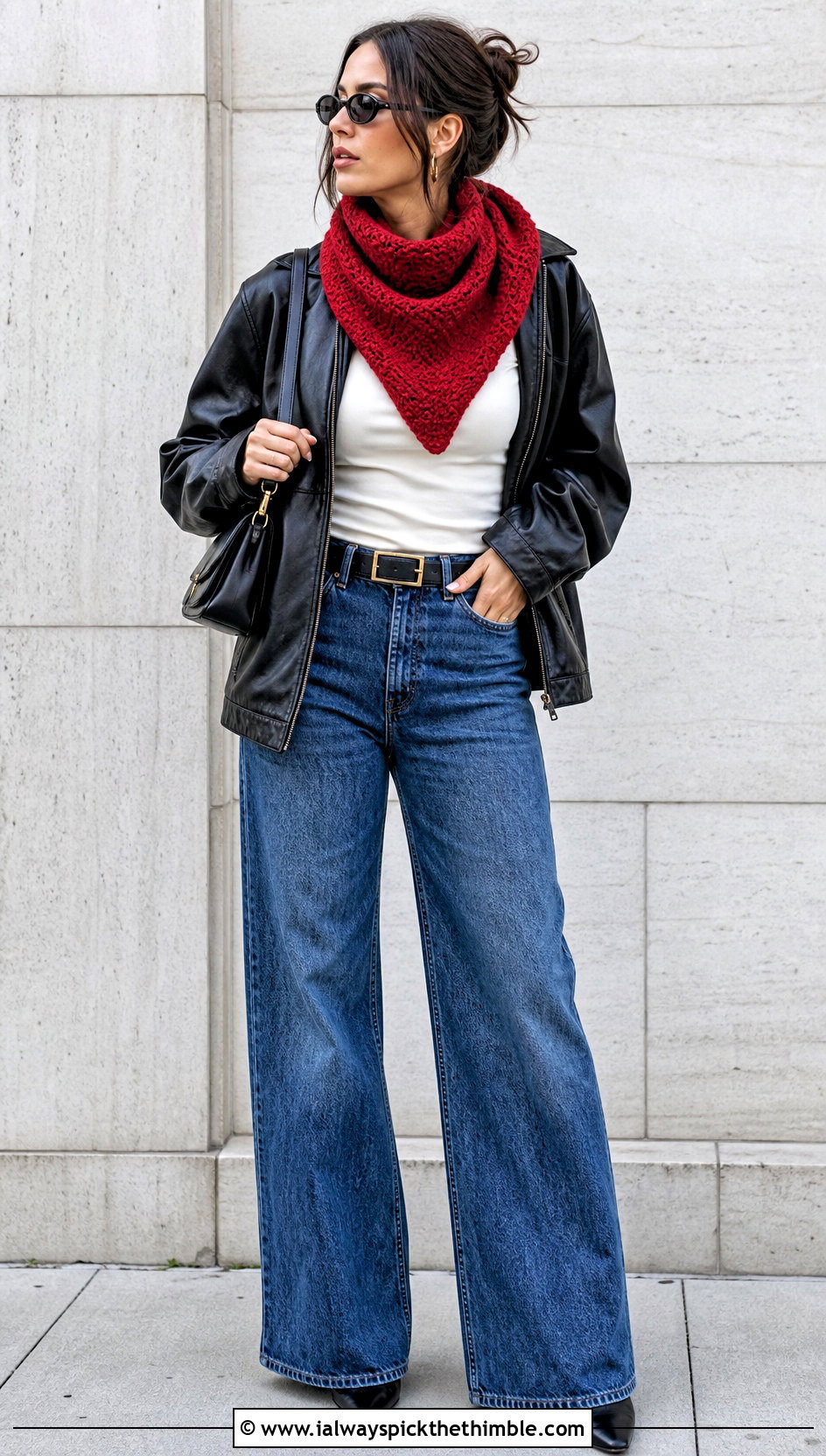 Tunisian Crochet Triangle Shawl With Leather Jacket And Jeans - 20 easy crochet triangle shawl outfit ideas