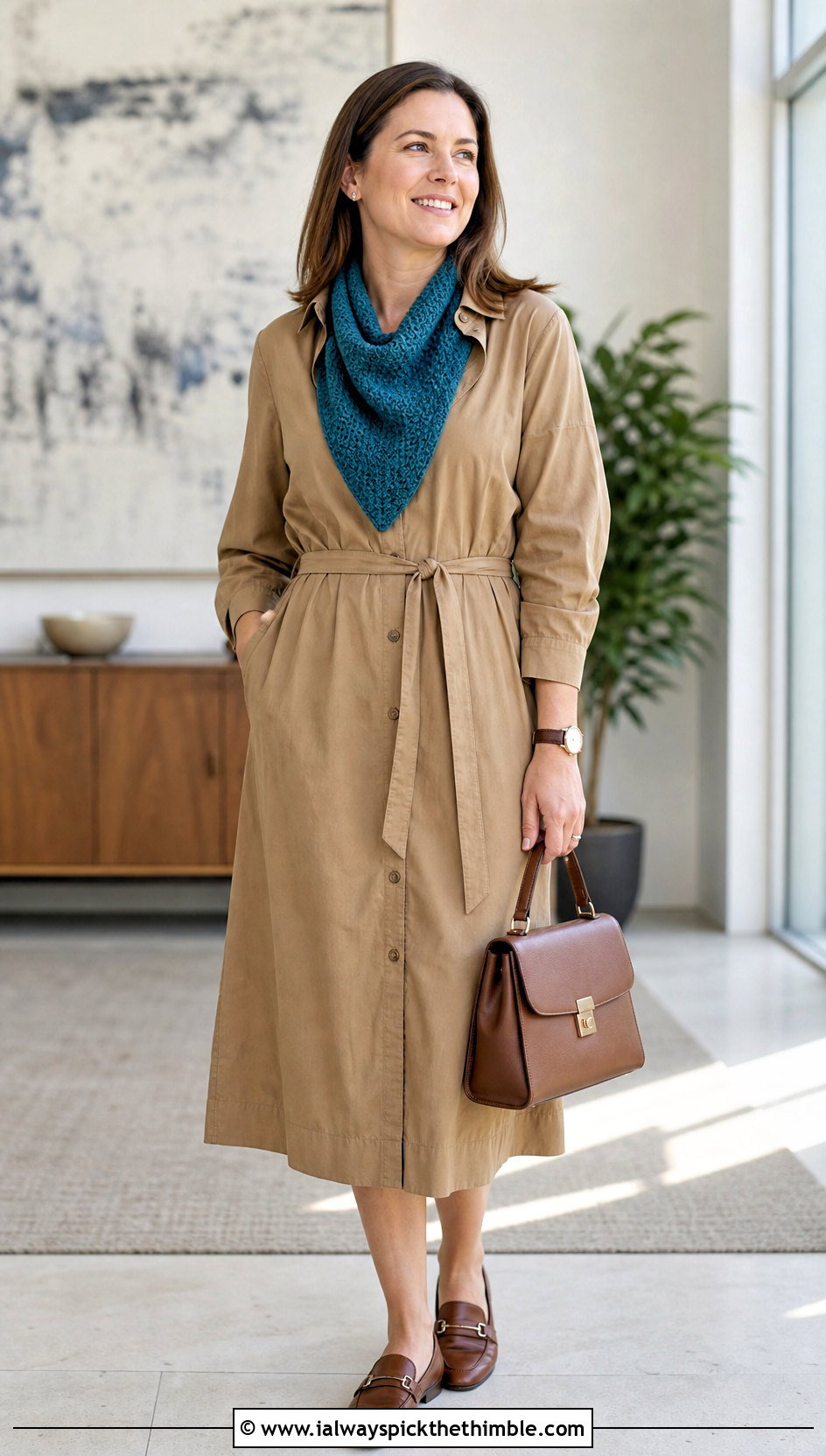 Tunisian Crochet Triangle Shawl With Shirt Dress And Loafers - 25 crochet triangle shawl outfit ideas