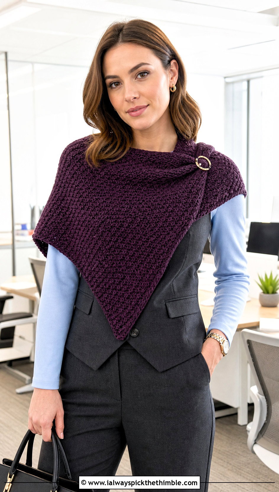 Tunisian Crochet Triangle Shawl With Vest And Tailored Pants - 20 easy triangle crochet shawl outfit ideas