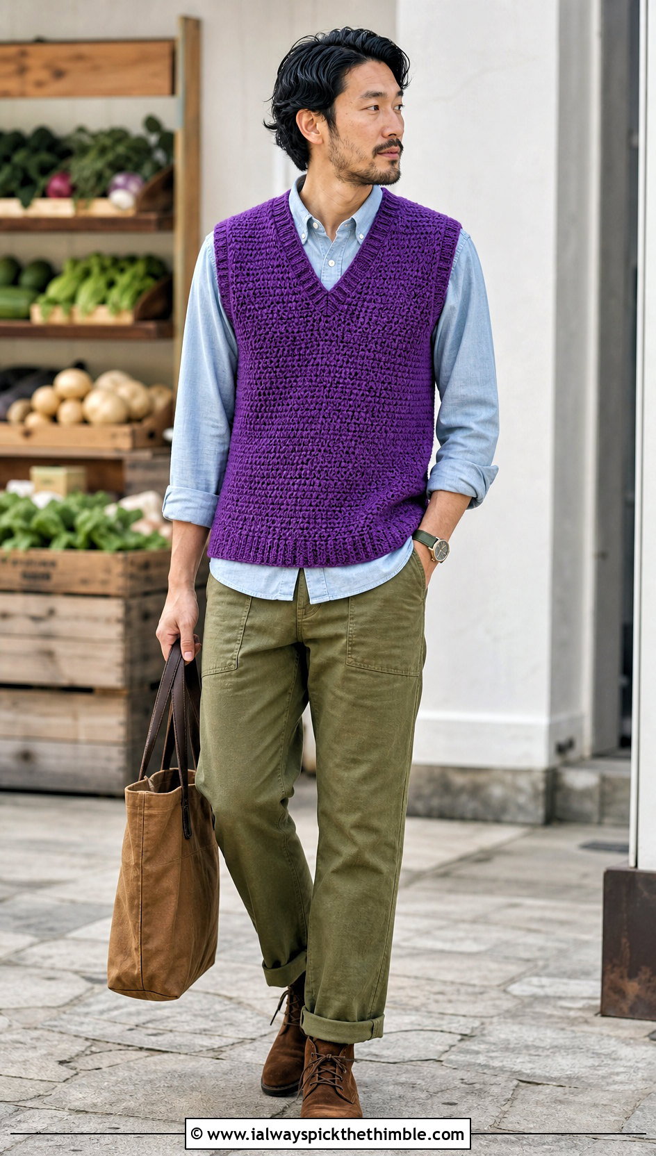 Tunisian Crochet Vest With Chambray Shirt And Baker Pants - 20 mens crochet vest outfit ideas