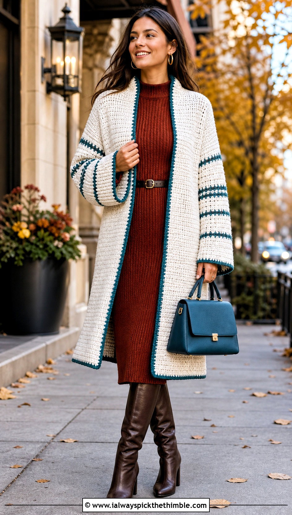Tunisian Crochet White Kimono With Knit Midi Dress - 15 White Crochet Kimono outfit ideas