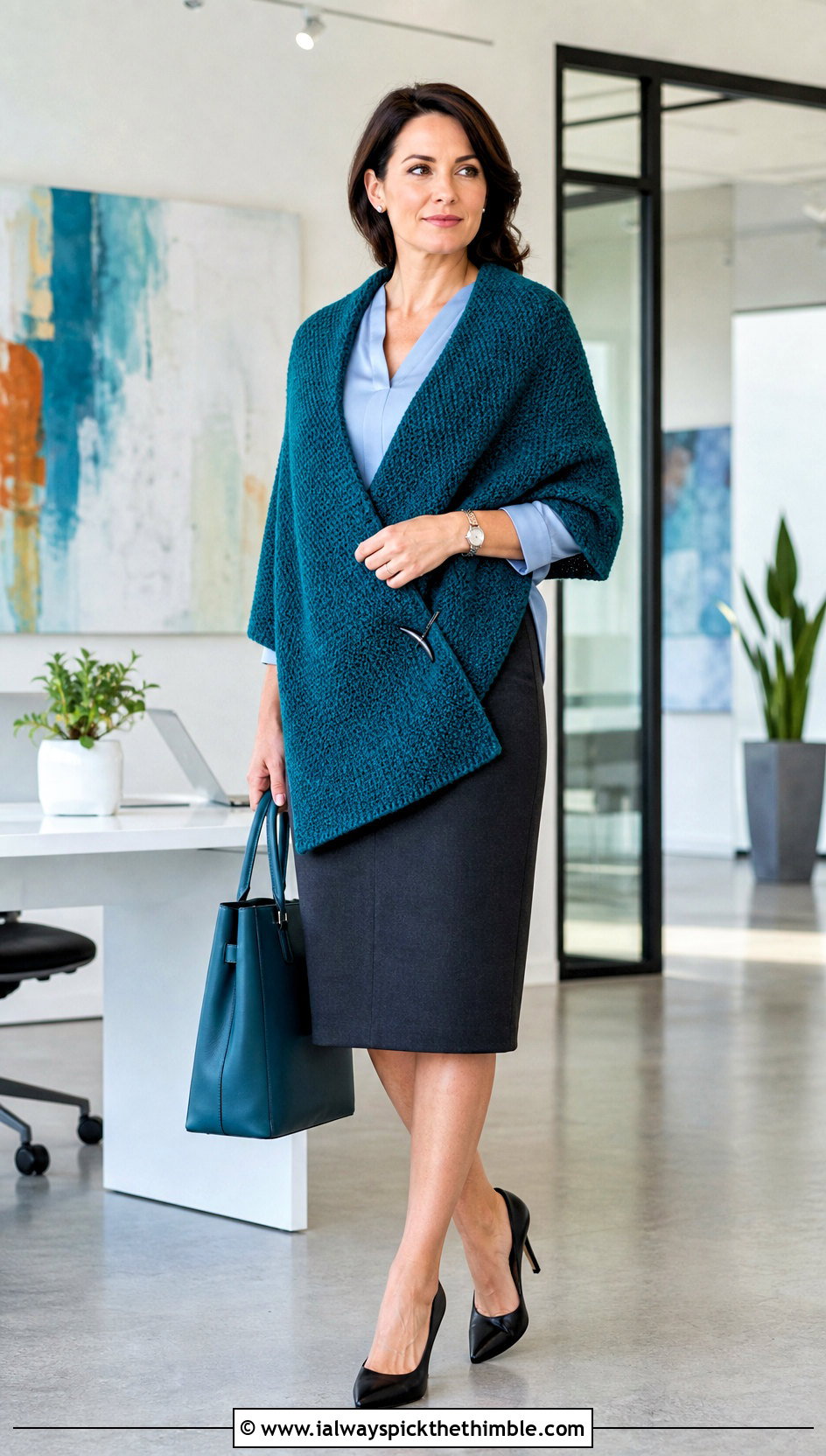 Tunisian Crochet Wrap With A Pencil Skirt - 25 crochet wrap outfit ideas