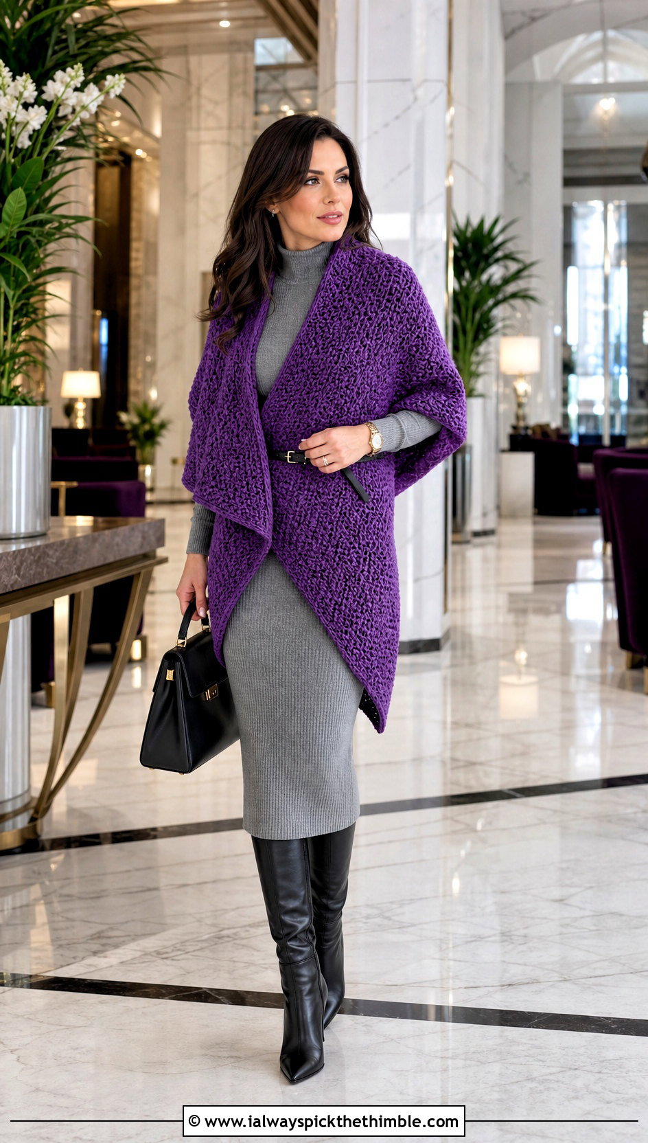 Tunisian Crochet Wrap With Knit Dress And Boots - 20 beautiful crochet shawls and wraps outfit ideas