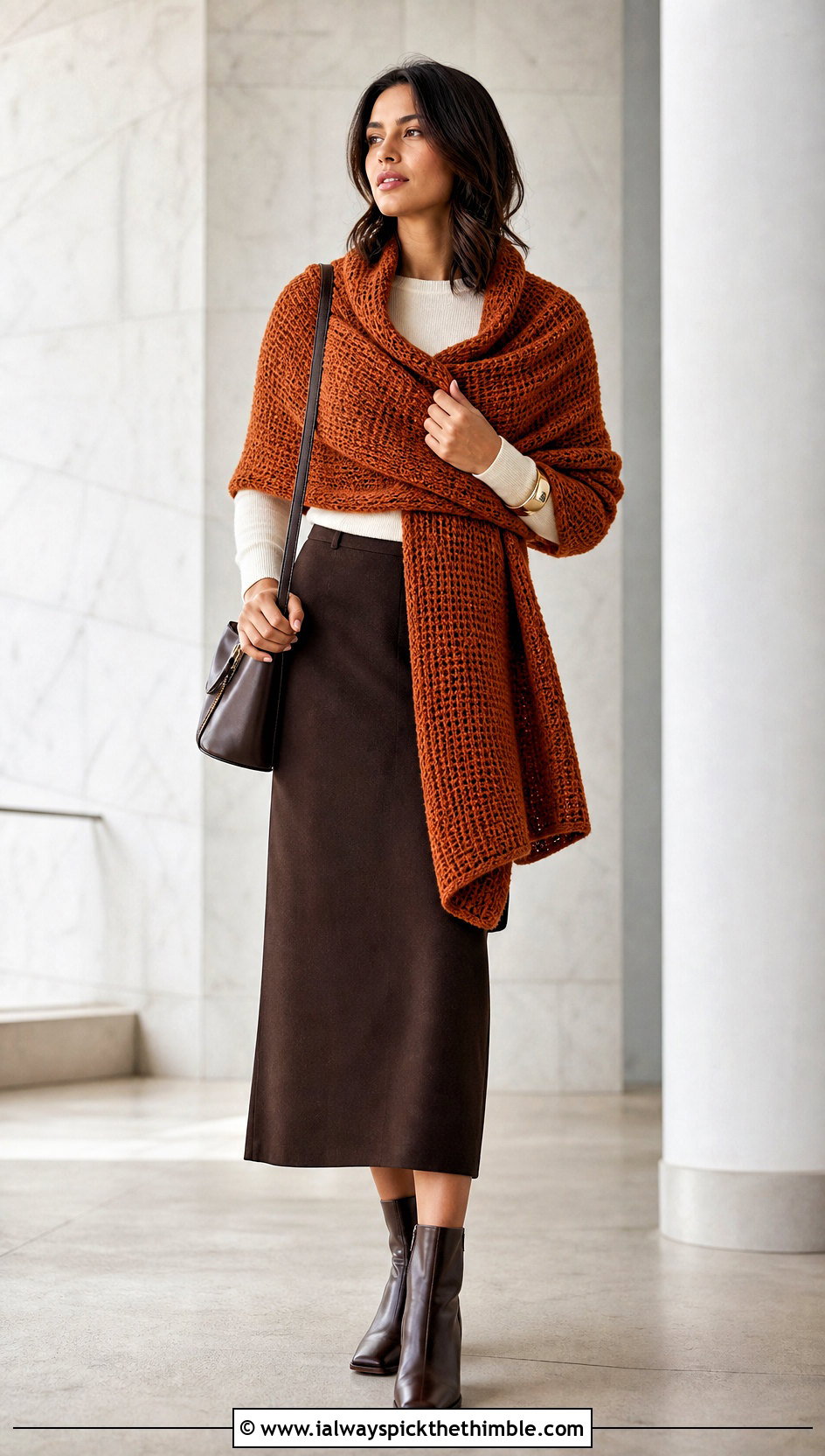 Tunisian Crochet Wrap With Minimalist Midi Skirt - 25 crochet wrap shawl outfit ideas