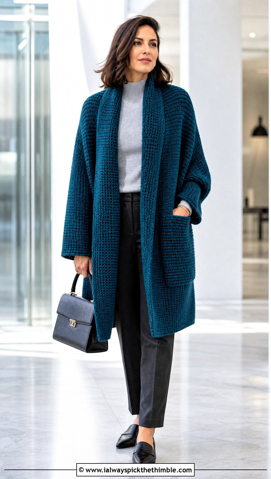 Tunisian Crochet Wrap With Tailored Trousers - 25 crochet wrap with pockets outfit ideas