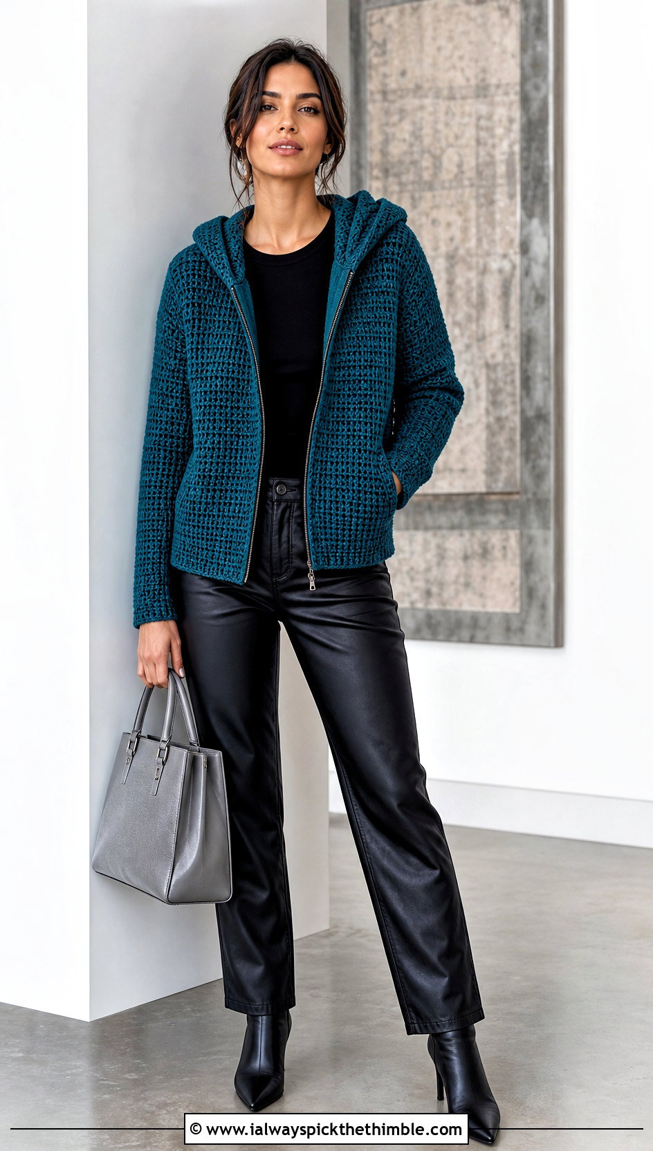 Tunisian Crochet Zip Up Hoodie With Leather Pants - 20 crochet zip up hoodie outfit ideas