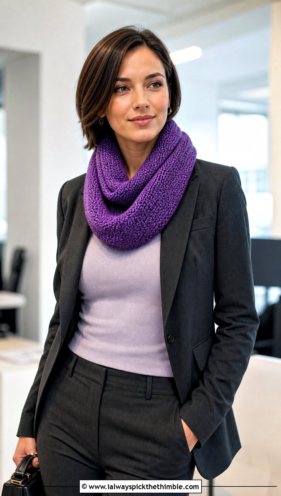 Tunisian Crocheted Infinity Scarf With Blazer - 15 Easy Crocheted Infinity Scarf outfit ideas