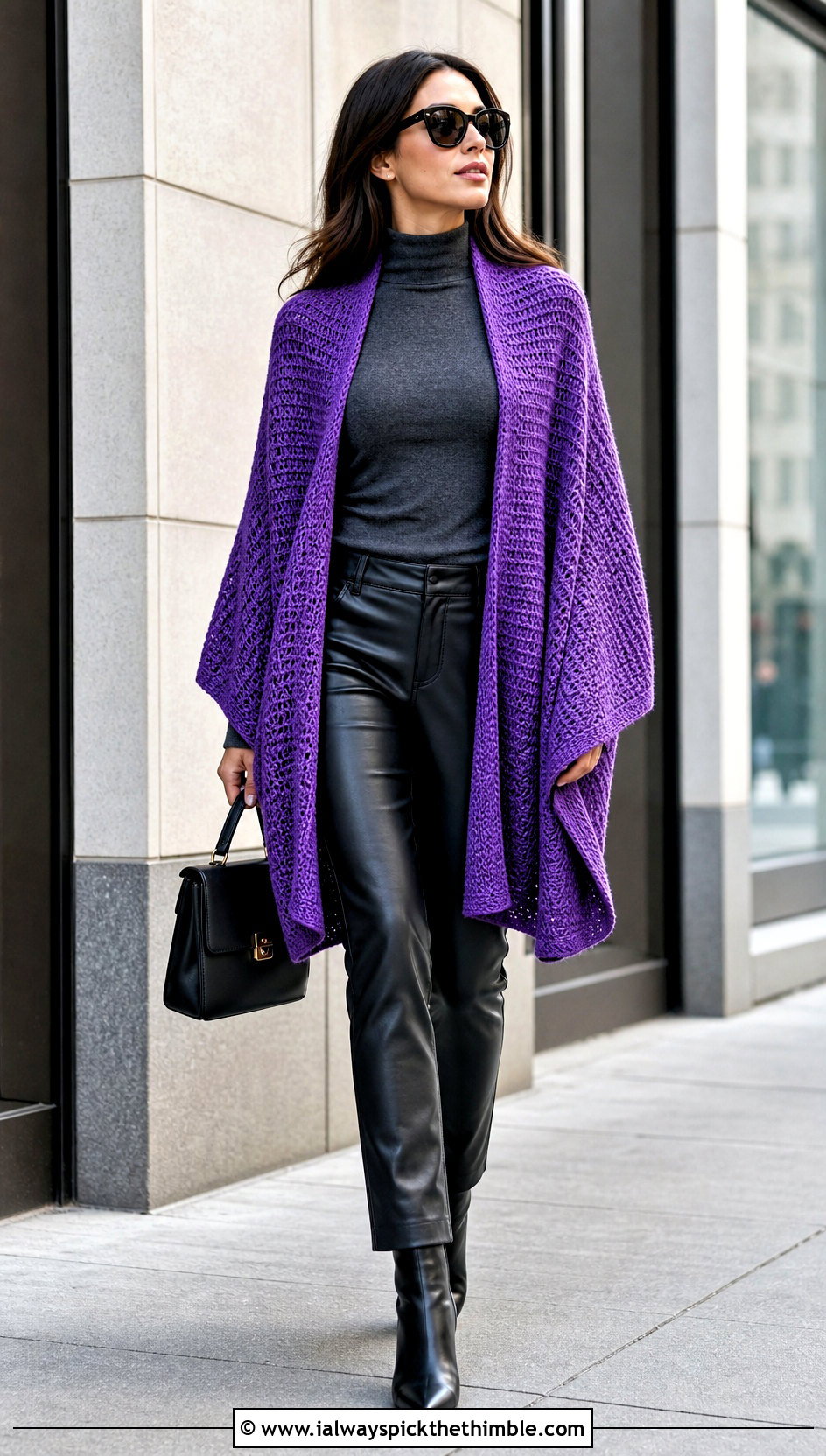 Tunisian Crocheted Ruana With Leather Pants - 20 Crocheted Ruana outfit ideas