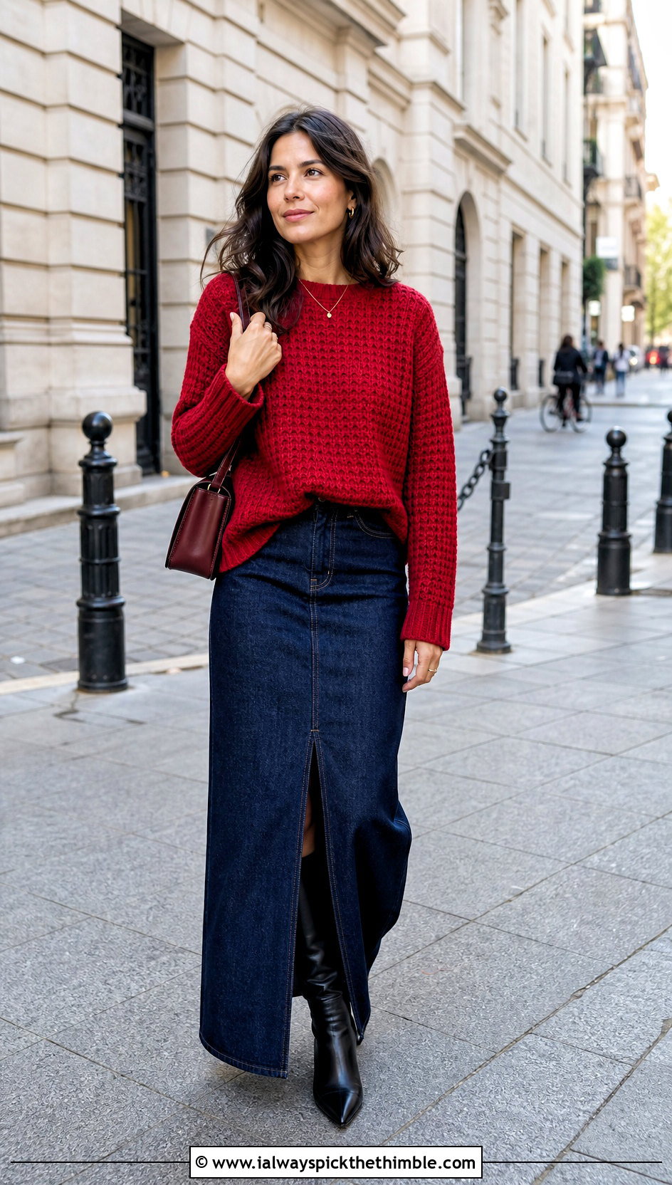 Tunisian Cross Stitch Sweater With Denim Maxi Skirt - 25 tunisian crochet sweater outfit ideas