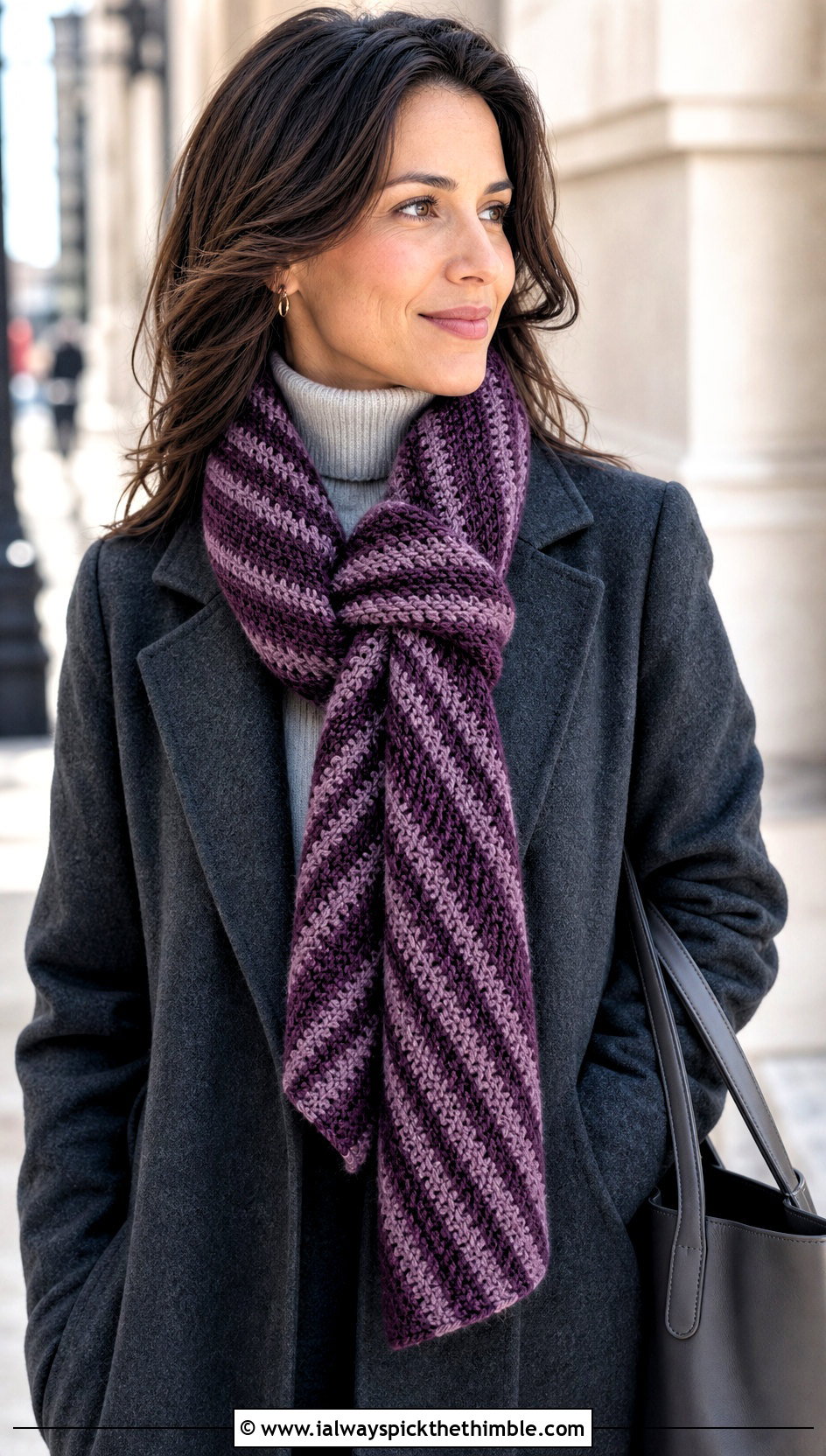 Tunisian Diagonal Striped Crochet Scarf With Wool Coat - 20 crochet striped scarf outfit ideas