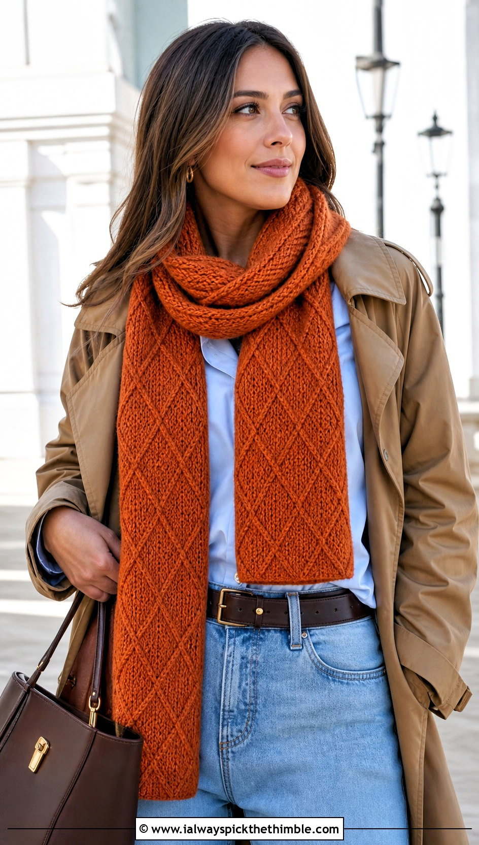 Tunisian Diamond Scarf With Trench Coat - 15 diamond crochet scarf outfit ideas