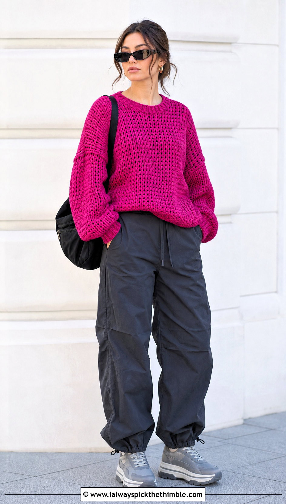 Tunisian Drop Shoulder Pullover With Parachute Pants - 20 Tunisian Crochet Pullover outfit ideas