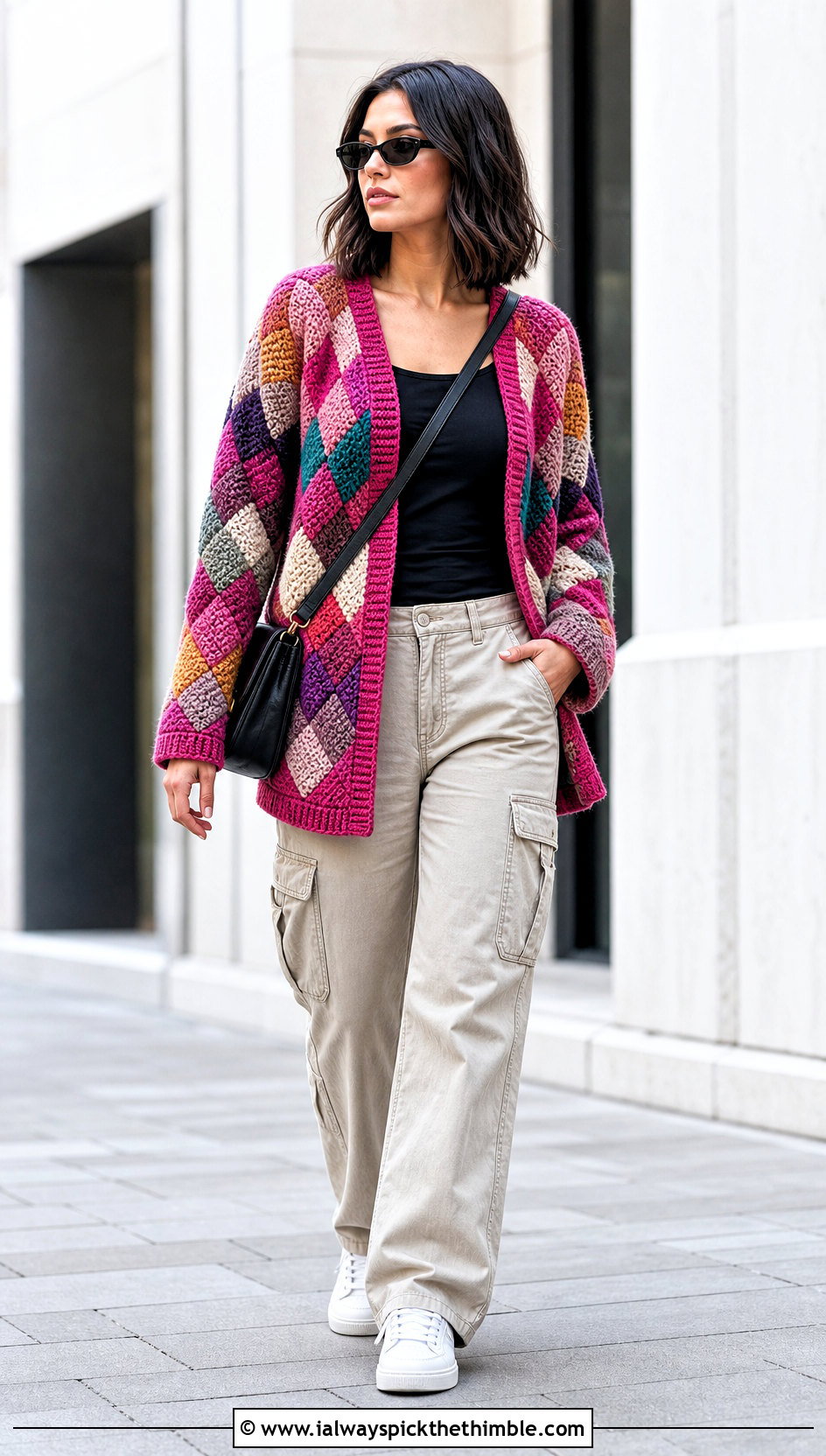Tunisian Entrelac Cardigan With Cargo Pants - 20 Crochet Tunisian Cardigan outfit ideas