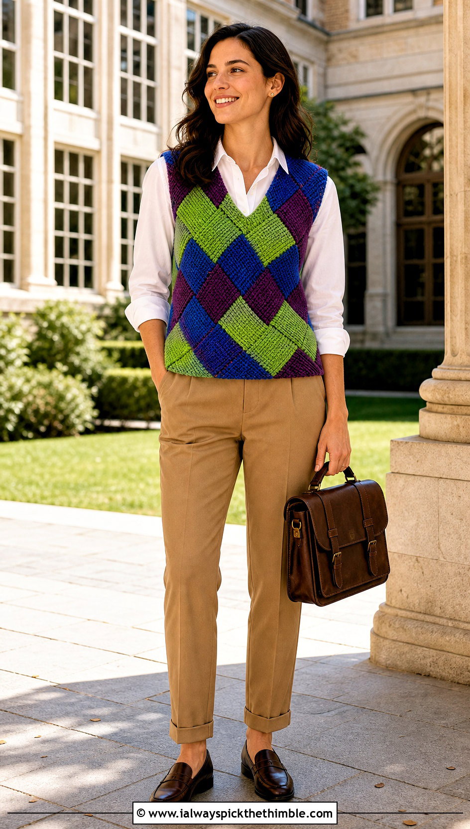 Tunisian Entrelac Color Block Vest With Button Down Shirt - 20 tunisian crochet top outfit ideas