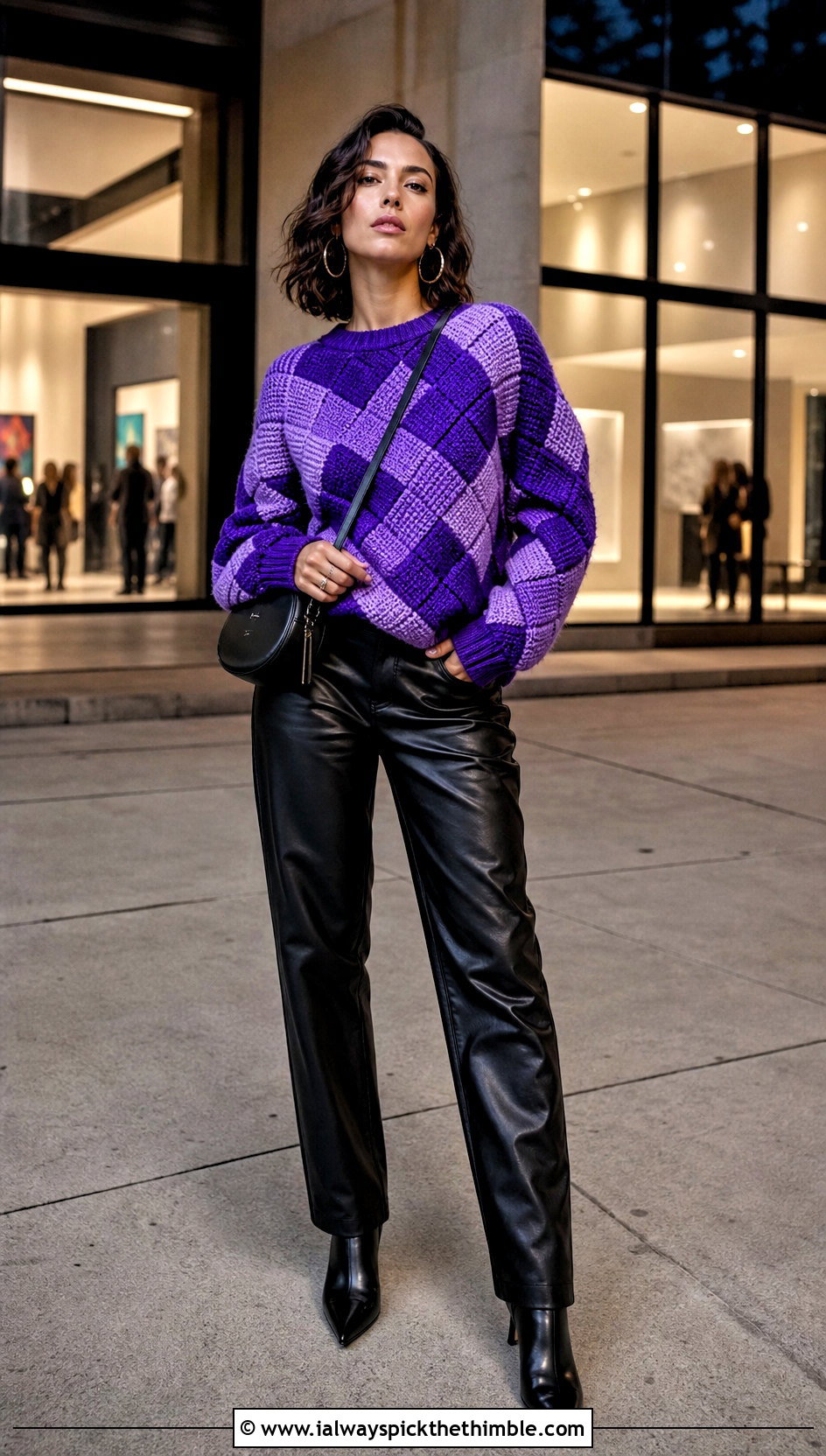Tunisian Entrelac Colorblock Pullover With Leather Pants - 20 Tunisian Crochet Pullover outfit ideas