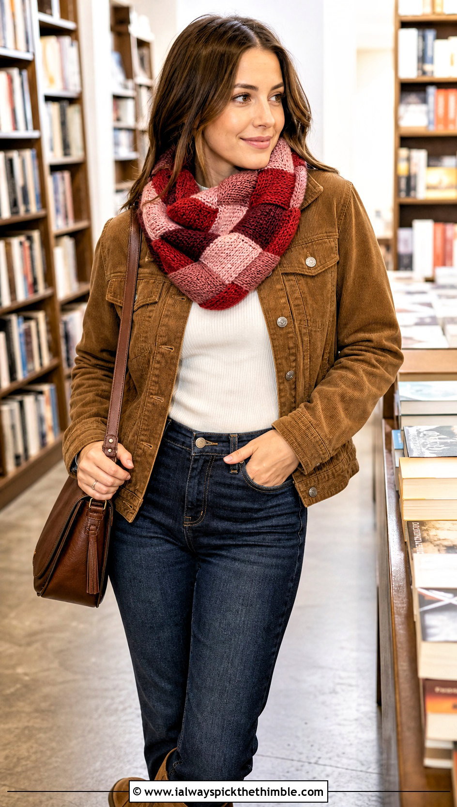 Tunisian Entrelac Cowl With Corduroy Jacket - 15 Tunisian Crochet Cowl outfit ideas