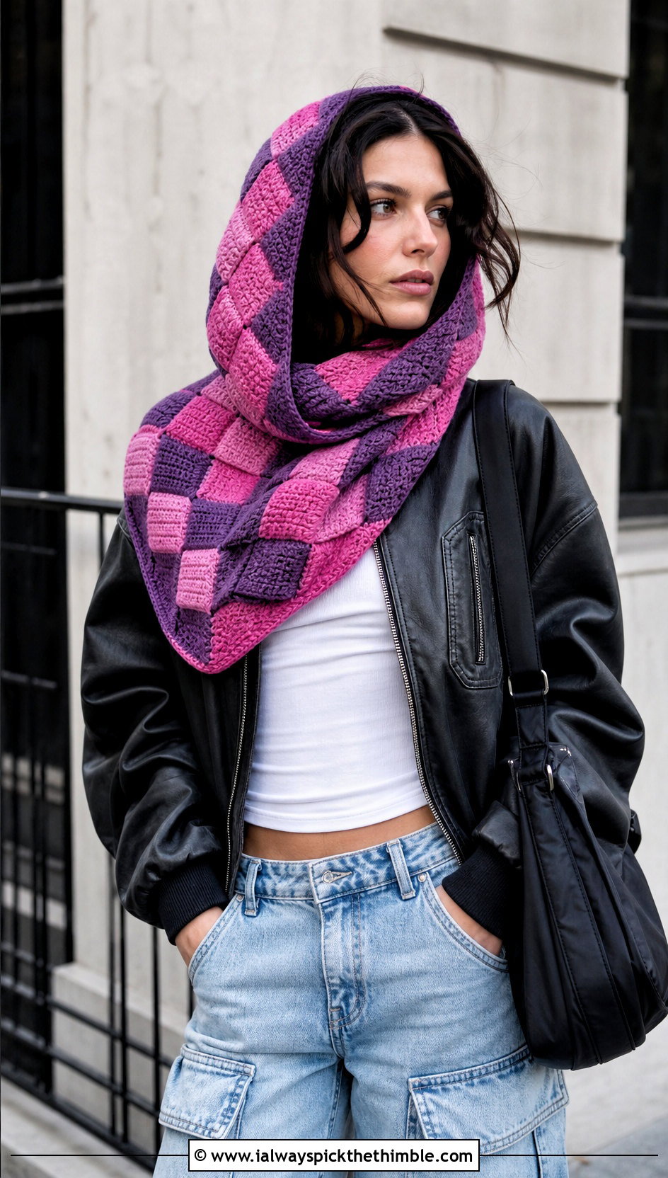 Tunisian Entrelac Hooded Cowl With Leather Bomber - 15 Tunisian Crochet Hooded Cowl outfit ideas