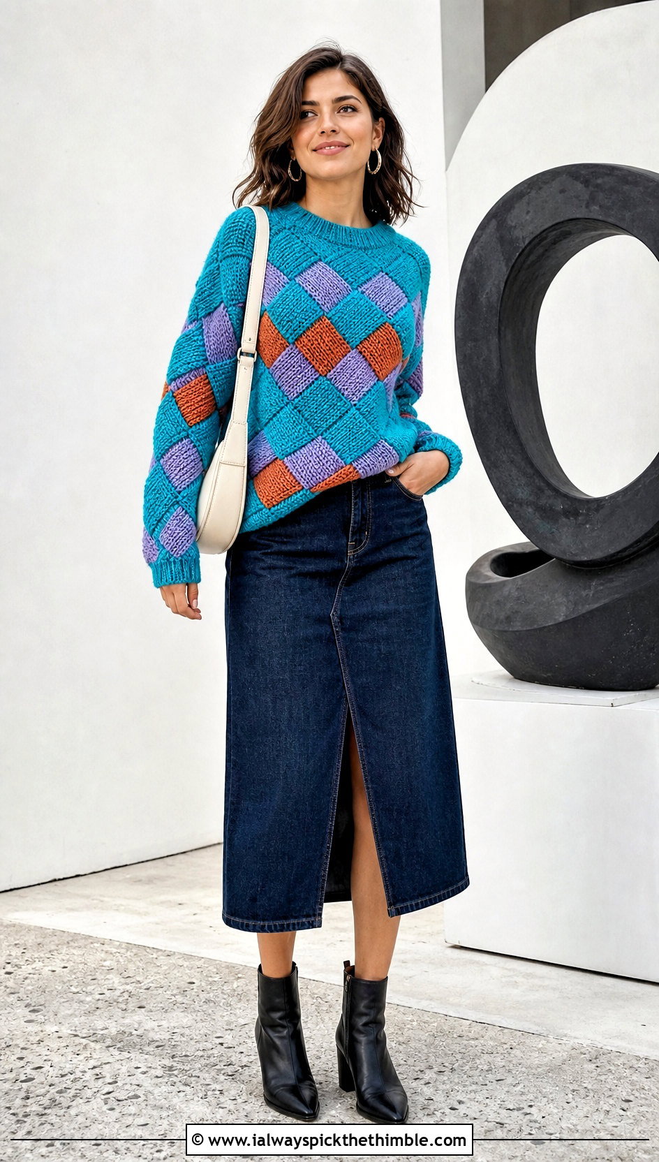 Tunisian Entrelac Jumper With Denim Midi Skirt - 20 tunisian crochet jumper outfit ideas