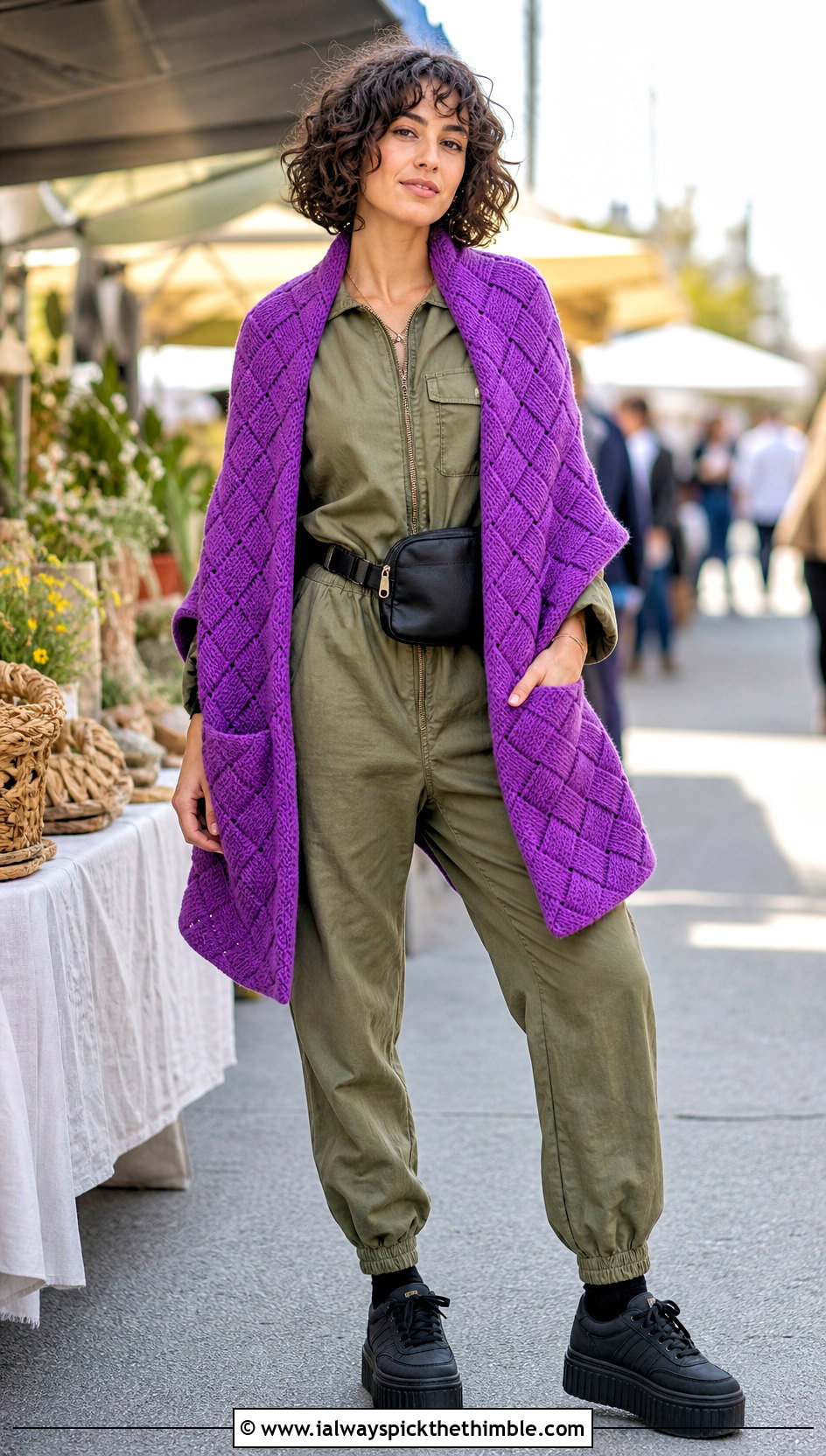 Tunisian Entrelac Pocket Shawl With Utility Jumpsuit - 15 Tunisian Crochet Pocket Shawl outfit ideas