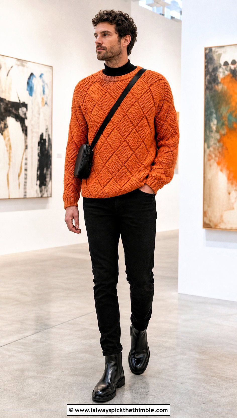 Tunisian Entrelac Pullover With Black Denim - 15 Tunisian Crochet Mens Sweater outfit ideas