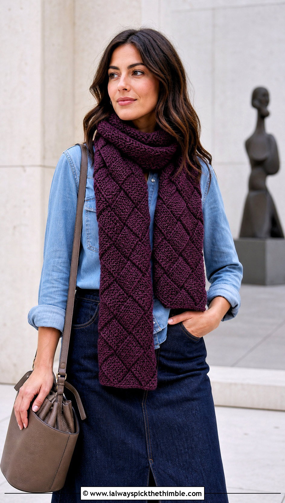 Tunisian Entrelac Scarf With Denim Shirt And Midi Skirt - 25 tunisian crochet scarf outfit ideas