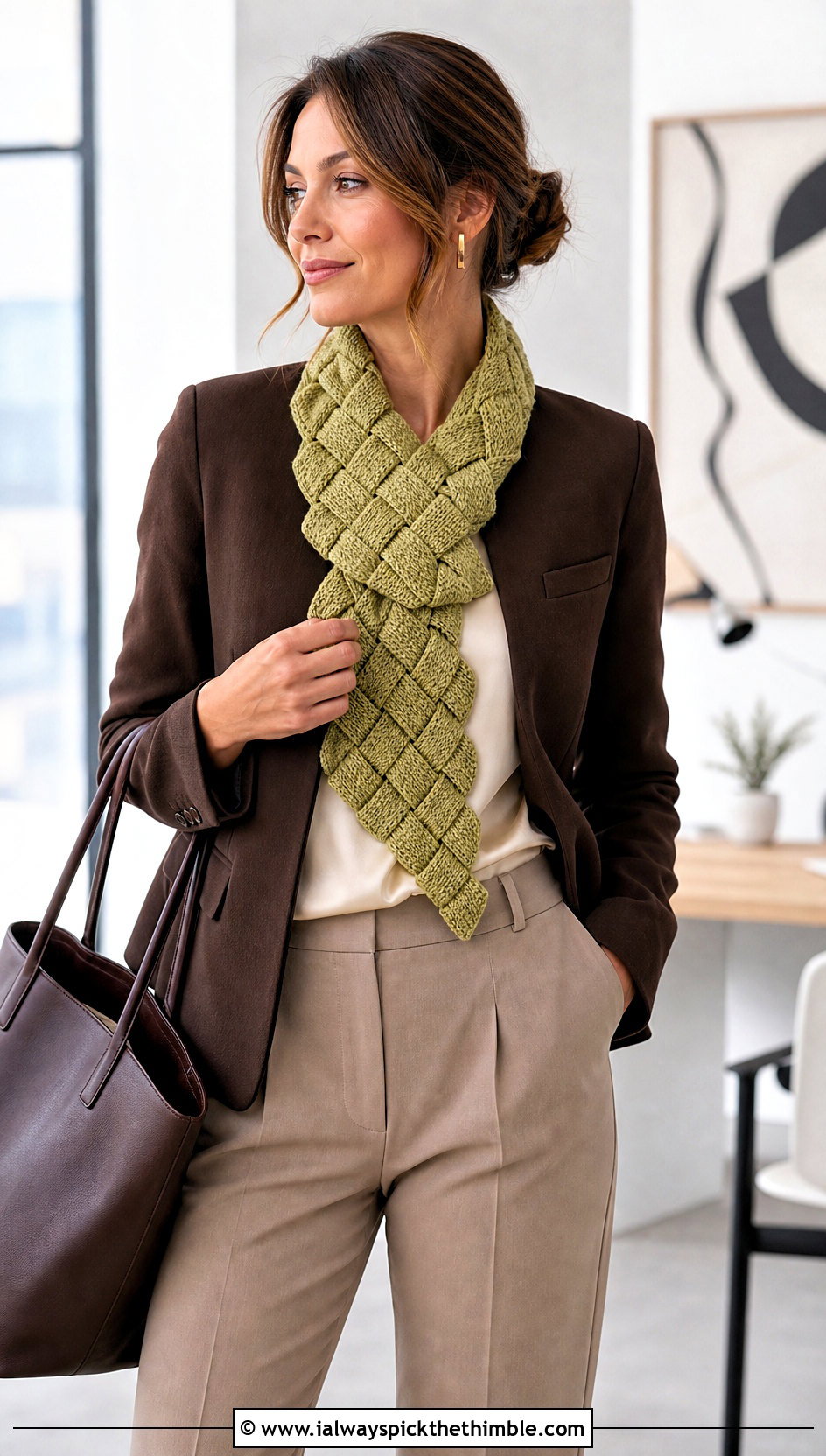 Tunisian Entrelac Scarf With Neutral Workwear - 20 Easy Tunisian Crochet Scarf outfit ideas