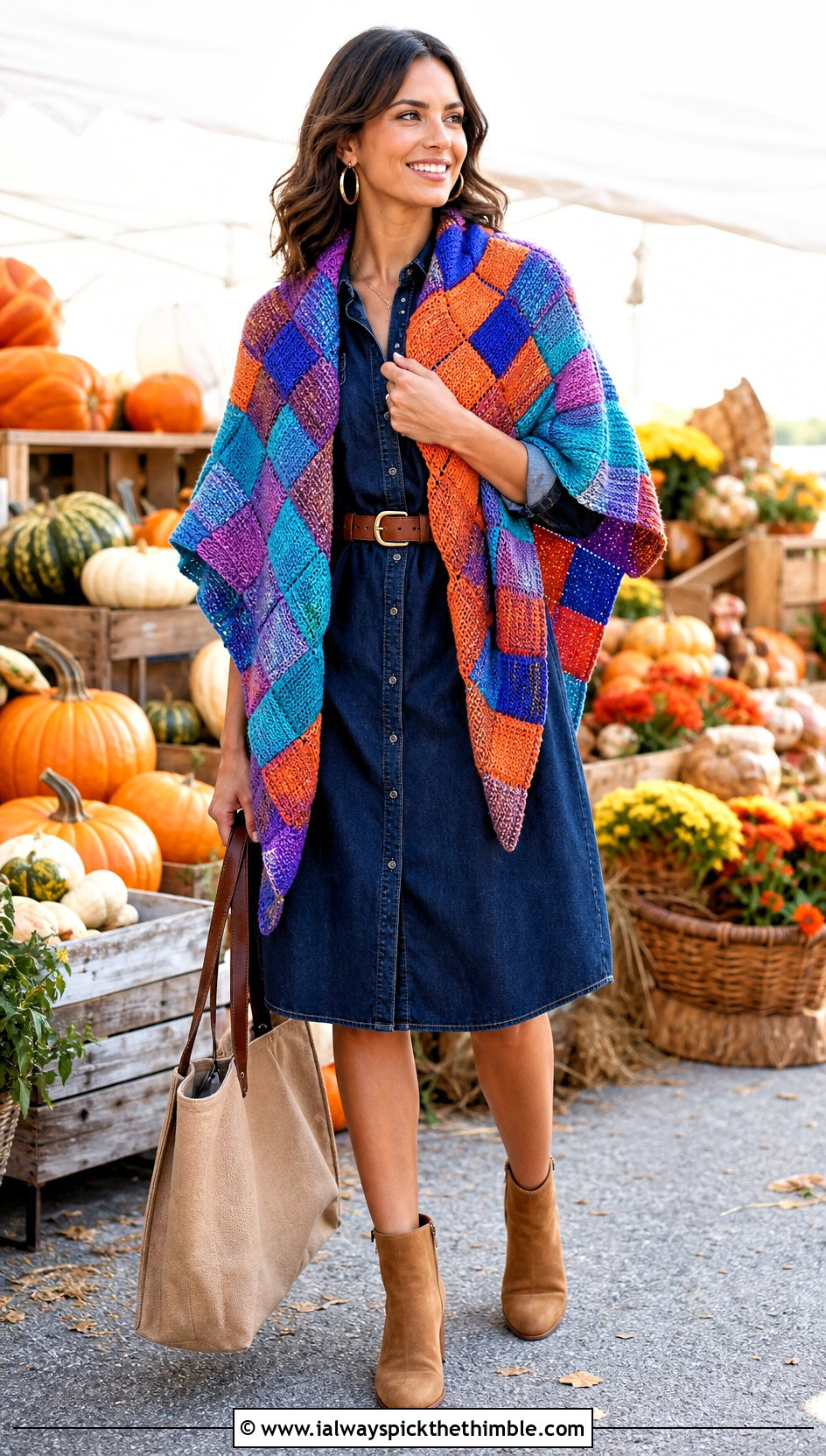 Tunisian Entrelac Shawl With Denim Shirt Dress - 25 tunisian crochet shawl outfit ideas