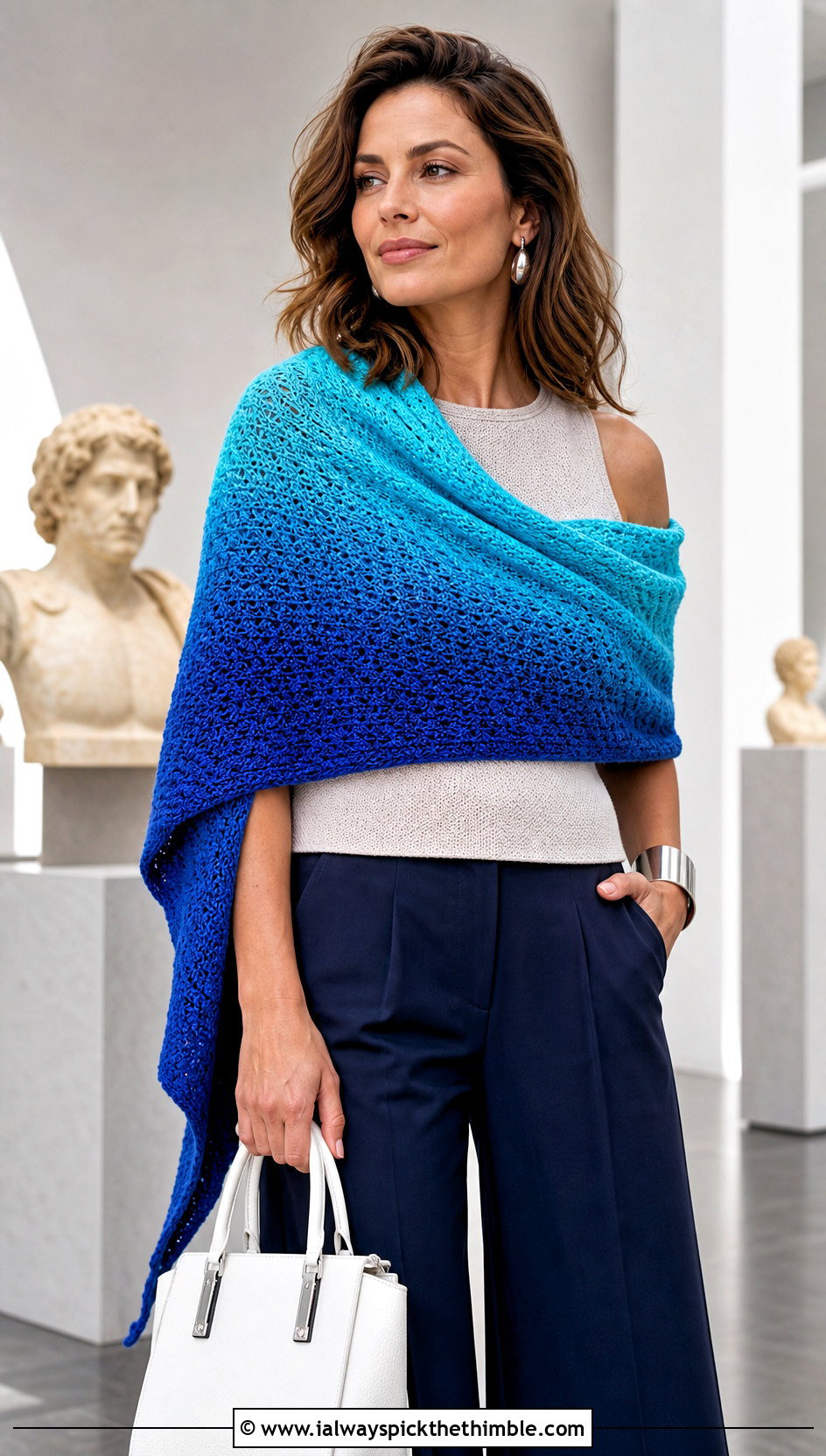 Tunisian Fade Shawl With Wide Leg Pants - 15 Crochet Fade Shawl outfit ideas