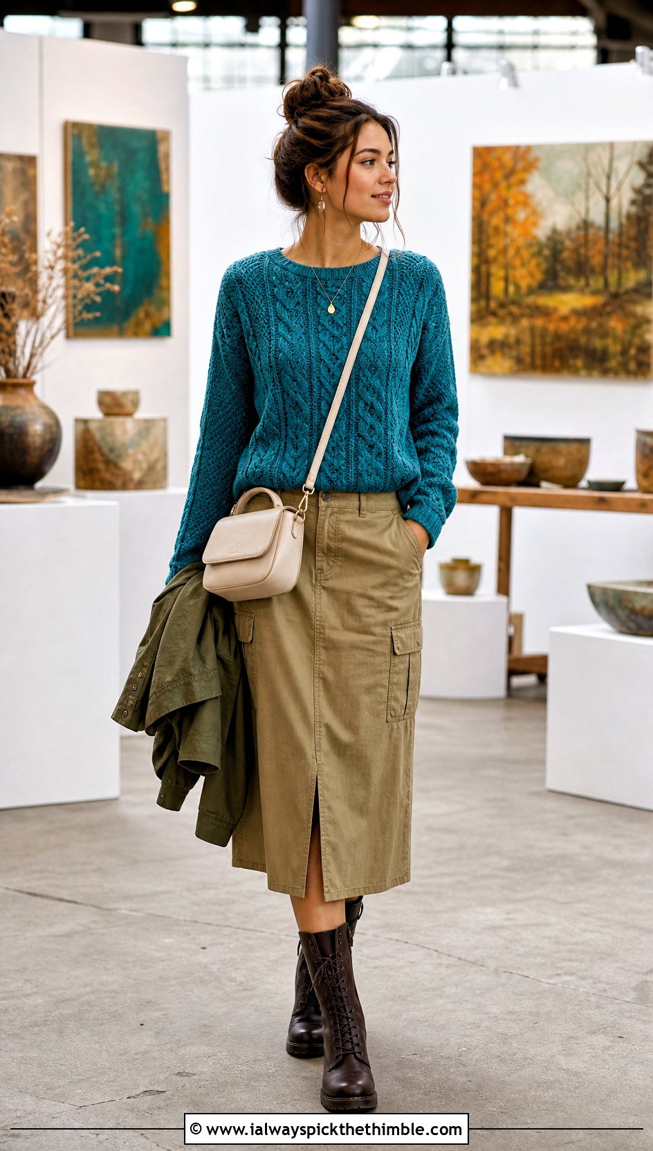 Tunisian Faux Cable Crochet Sweater With Utility Skirt - 25 crochet cable sweater outfit ideas