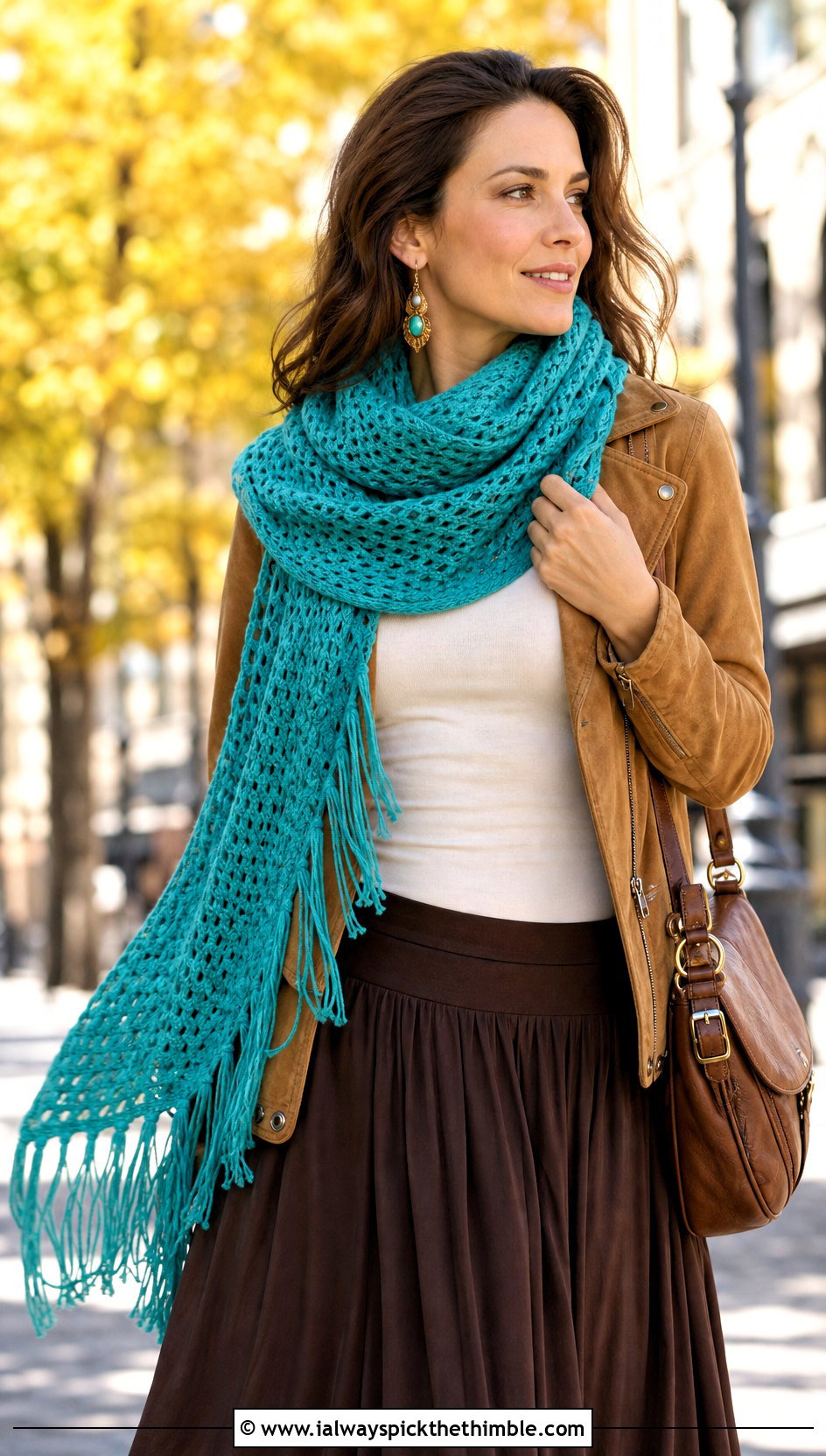 Tunisian Fringe Scarf With Suede Jacket And Maxi Skirt - 25 tunisian crochet scarf outfit ideas